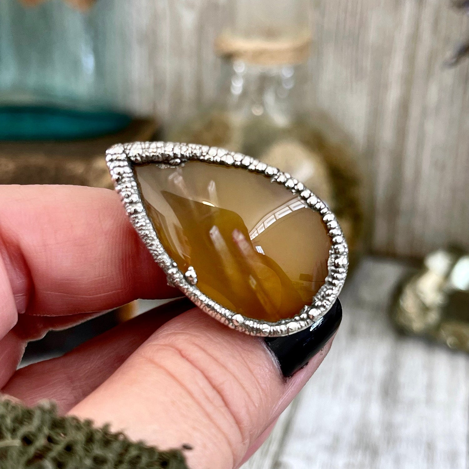 Size 6 Tube Agate Statement Ring Set in Fine Silver / Foxlark Collection - One of a Kind / Big Crystal Ring Witchy Jewelry / Gothic Jewelry
