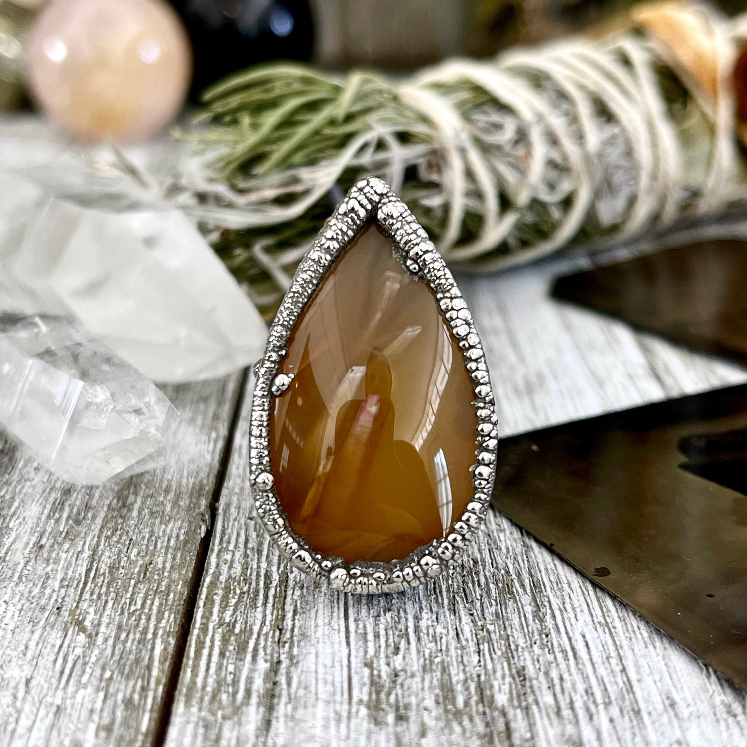 Size 6 Tube Agate Statement Ring Set in Fine Silver / Foxlark Collection - One of a Kind / Big Crystal Ring Witchy Jewelry / Gothic Jewelry