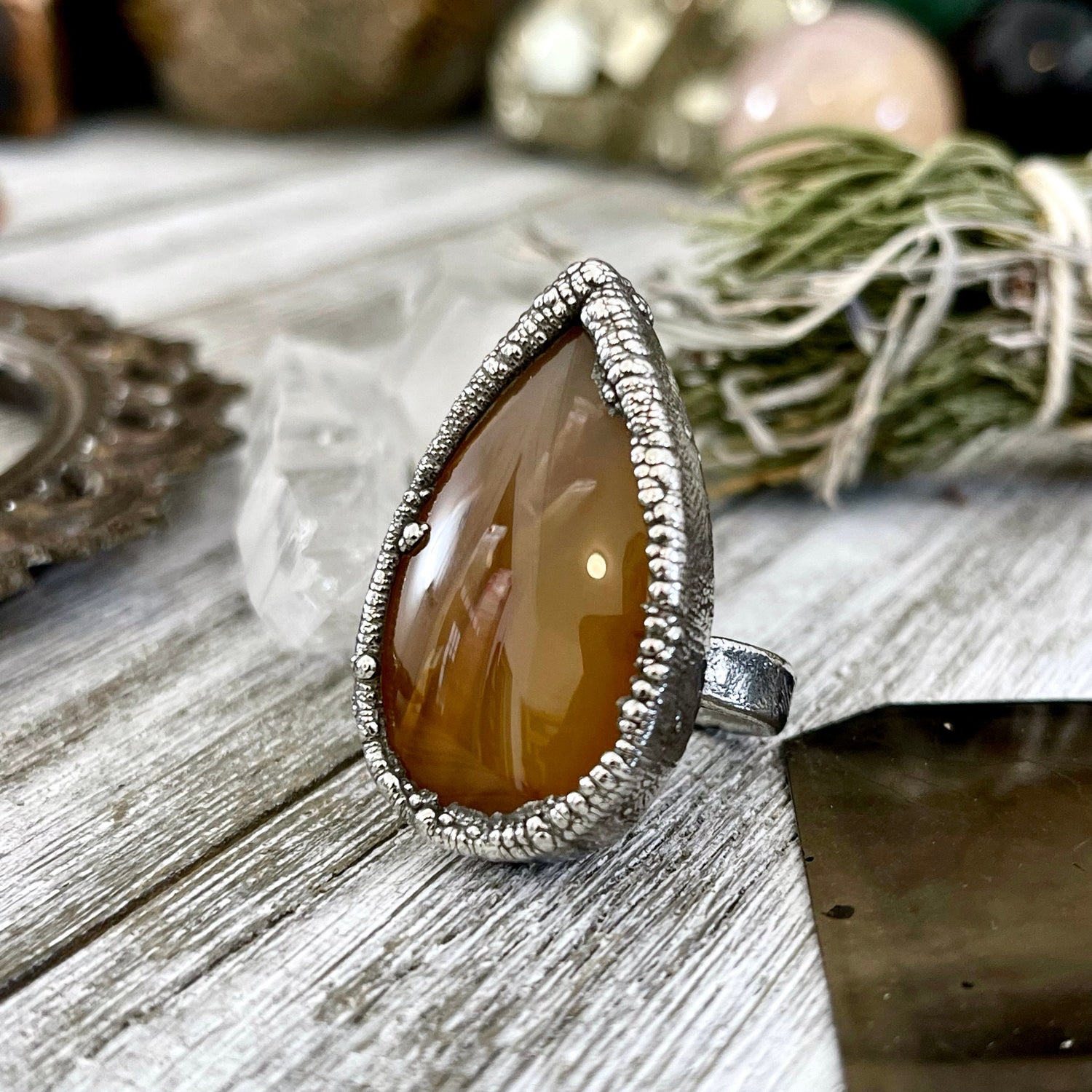Size 6 Tube Agate Statement Ring Set in Fine Silver / Foxlark Collection - One of a Kind / Big Crystal Ring Witchy Jewelry / Gothic Jewelry