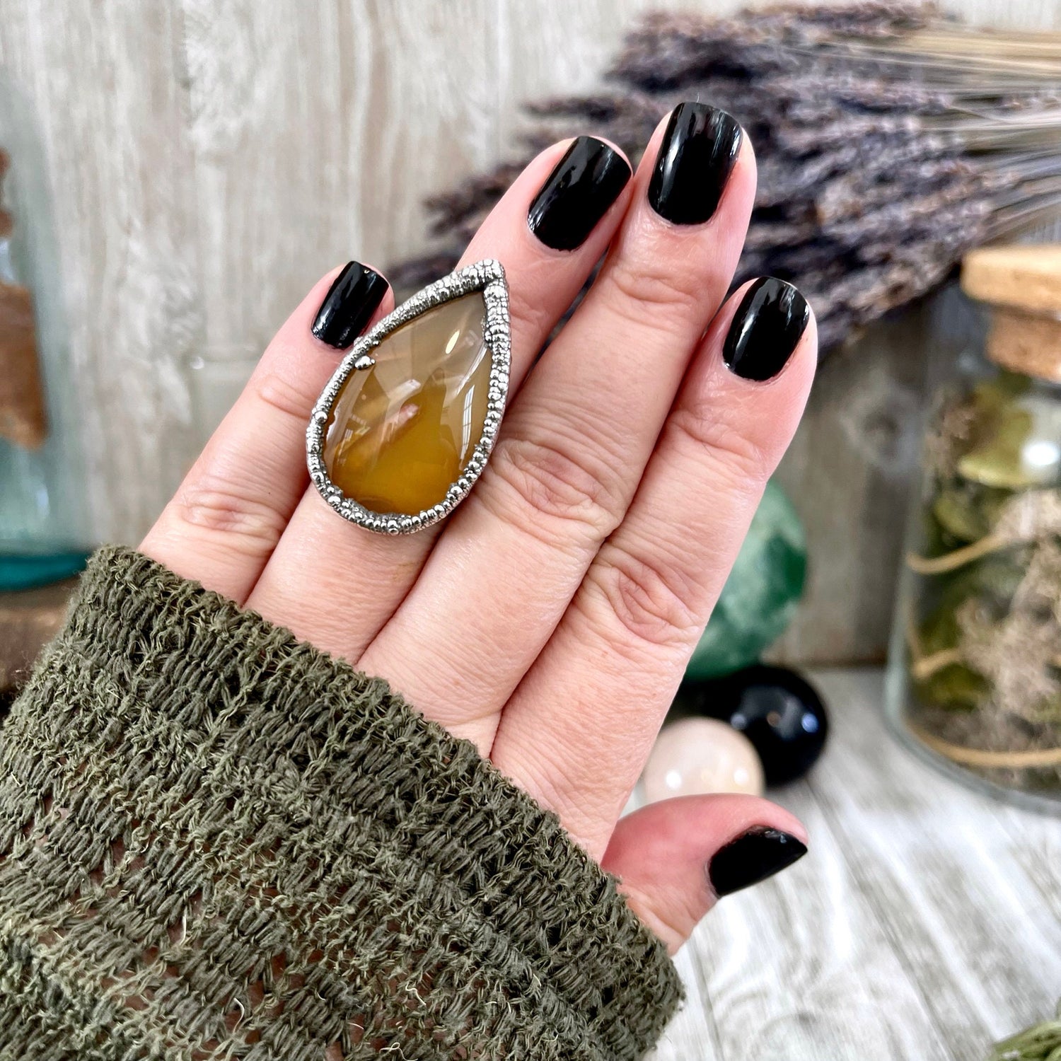 Size 6 Tube Agate Statement Ring Set in Fine Silver / Foxlark Collection - One of a Kind / Big Crystal Ring Witchy Jewelry / Gothic Jewelry