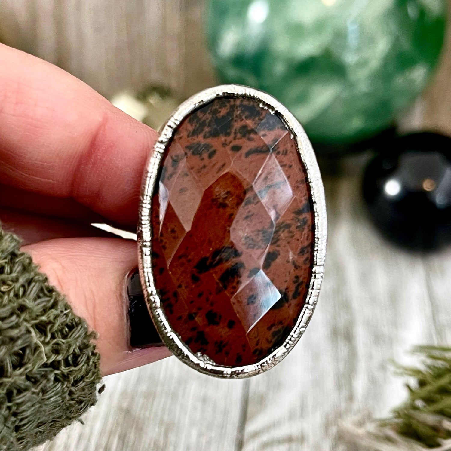 Size 5 Big Mahogany Obsidian Statement Ring in Fine Silver / Foxlark Collection - One of a Kind // Large Black Red Crystal Jewelry