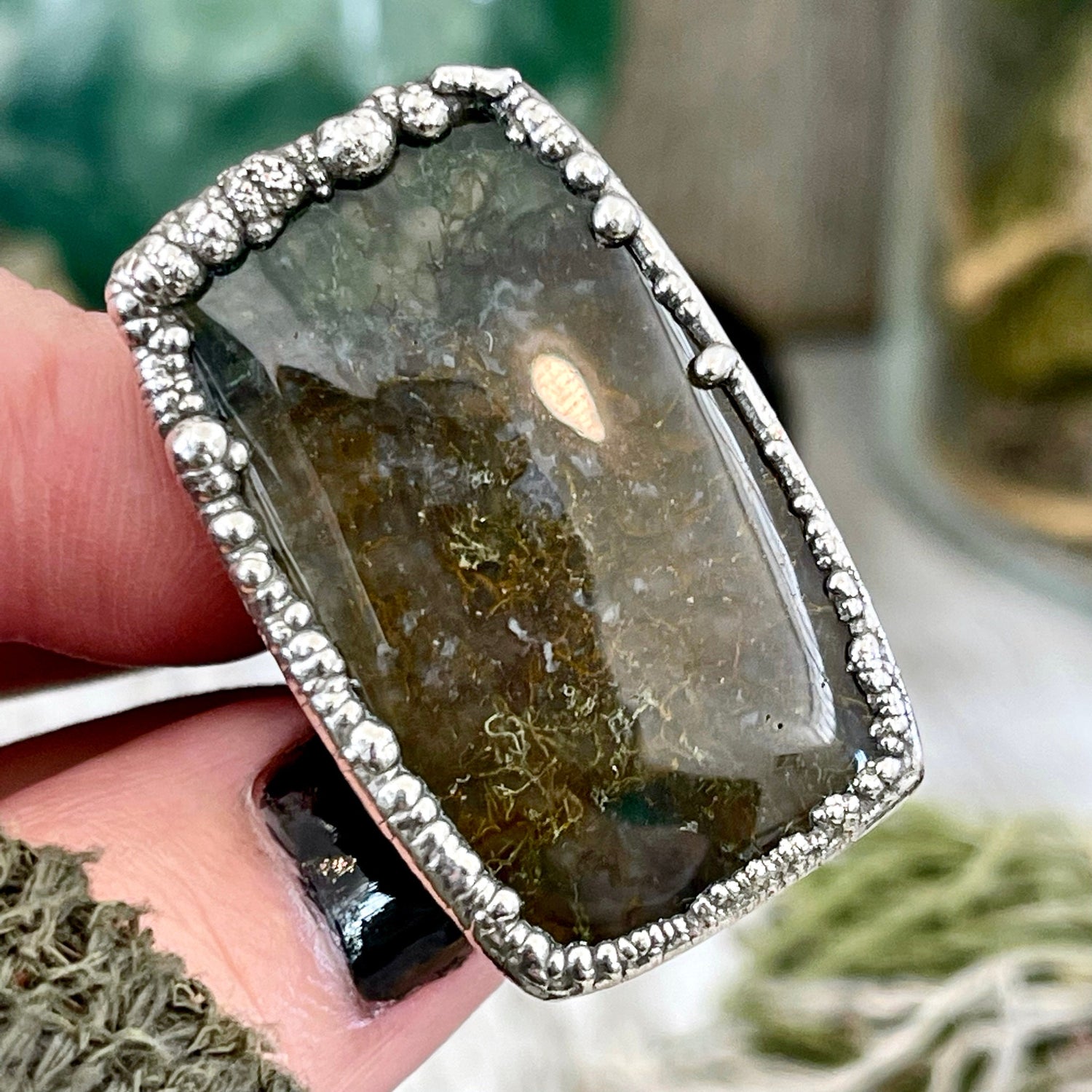 Big Size 6 Silver Natural Fancy Moss Agate Crystal Statement Ring / Foxlark Collection - One of a Kind / Big Crystal Ring Witchy Jewelry
