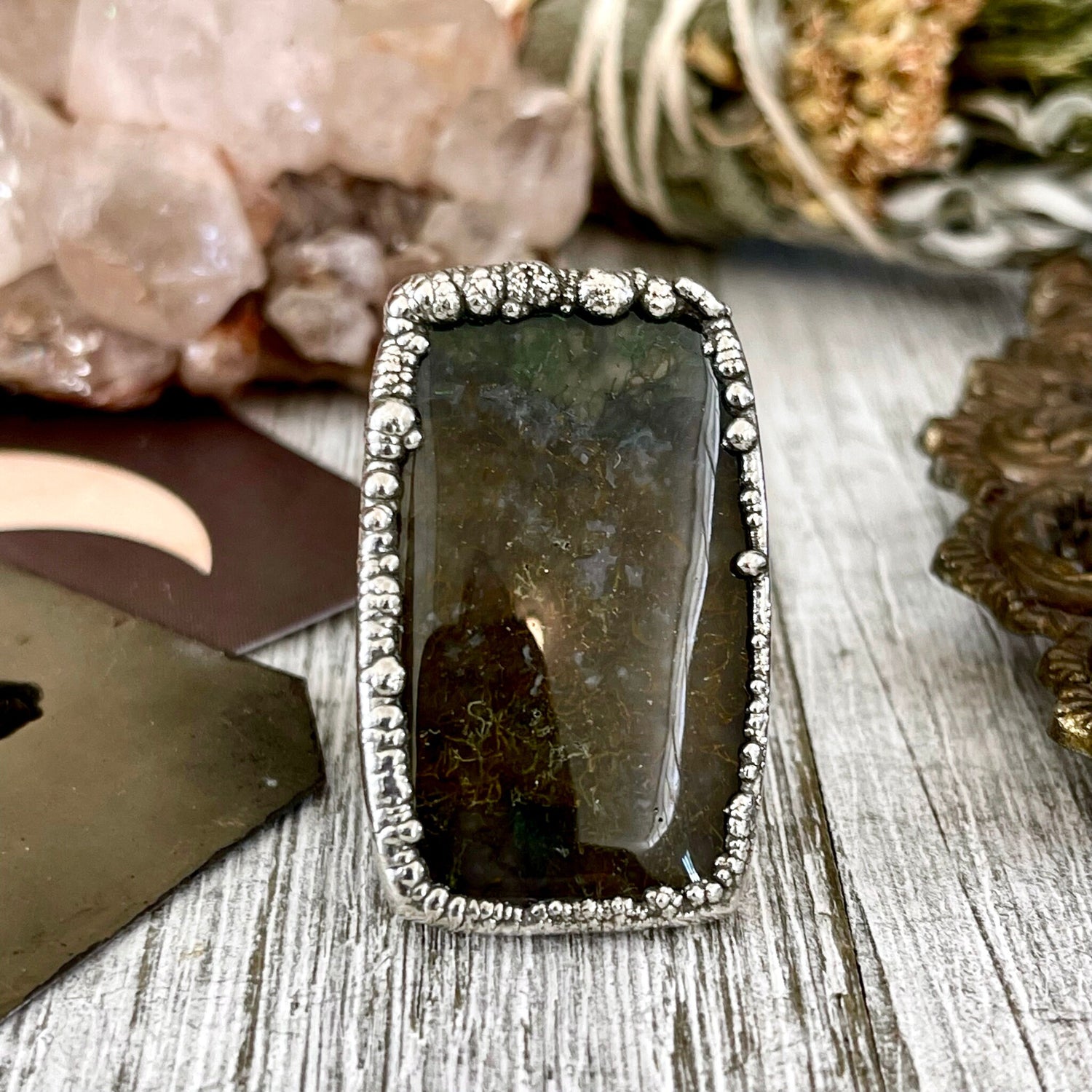 Big Size 6 Silver Natural Fancy Moss Agate Crystal Statement Ring / Foxlark Collection - One of a Kind / Big Crystal Ring Witchy Jewelry