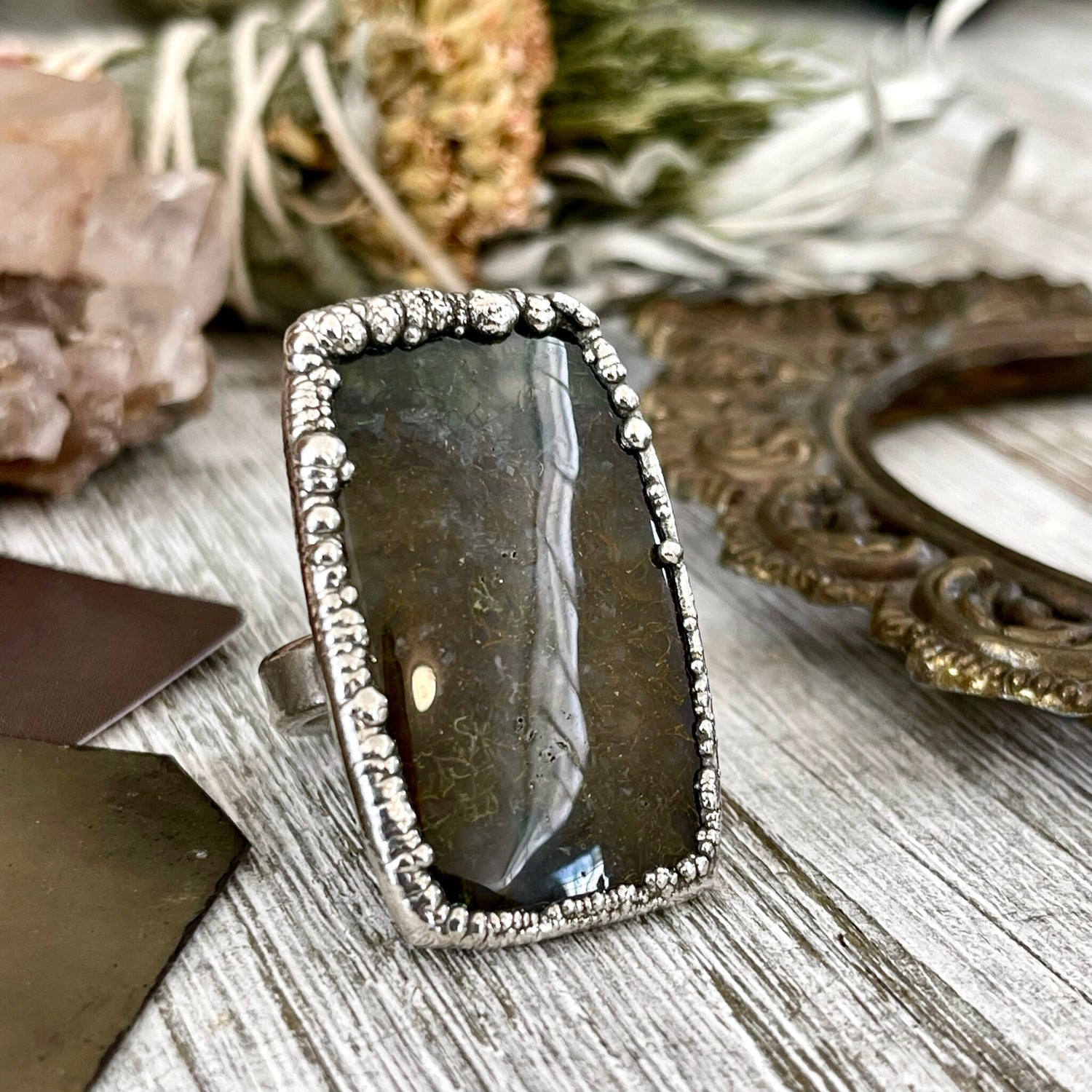 Big Size 6 Silver Natural Fancy Moss Agate Crystal Statement Ring / Foxlark Collection - One of a Kind / Big Crystal Ring Witchy Jewelry