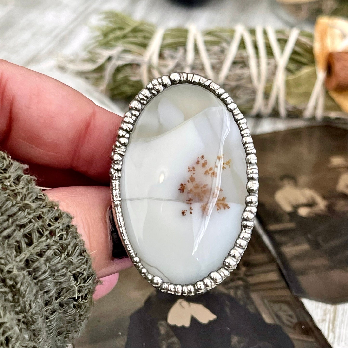 Size 10.5 Dendritic Agate Large Crystal Ring in Fine Silver for Woman / Foxlark Collection -One of a Kind / Big Crystal Ring Witchy Jewelry