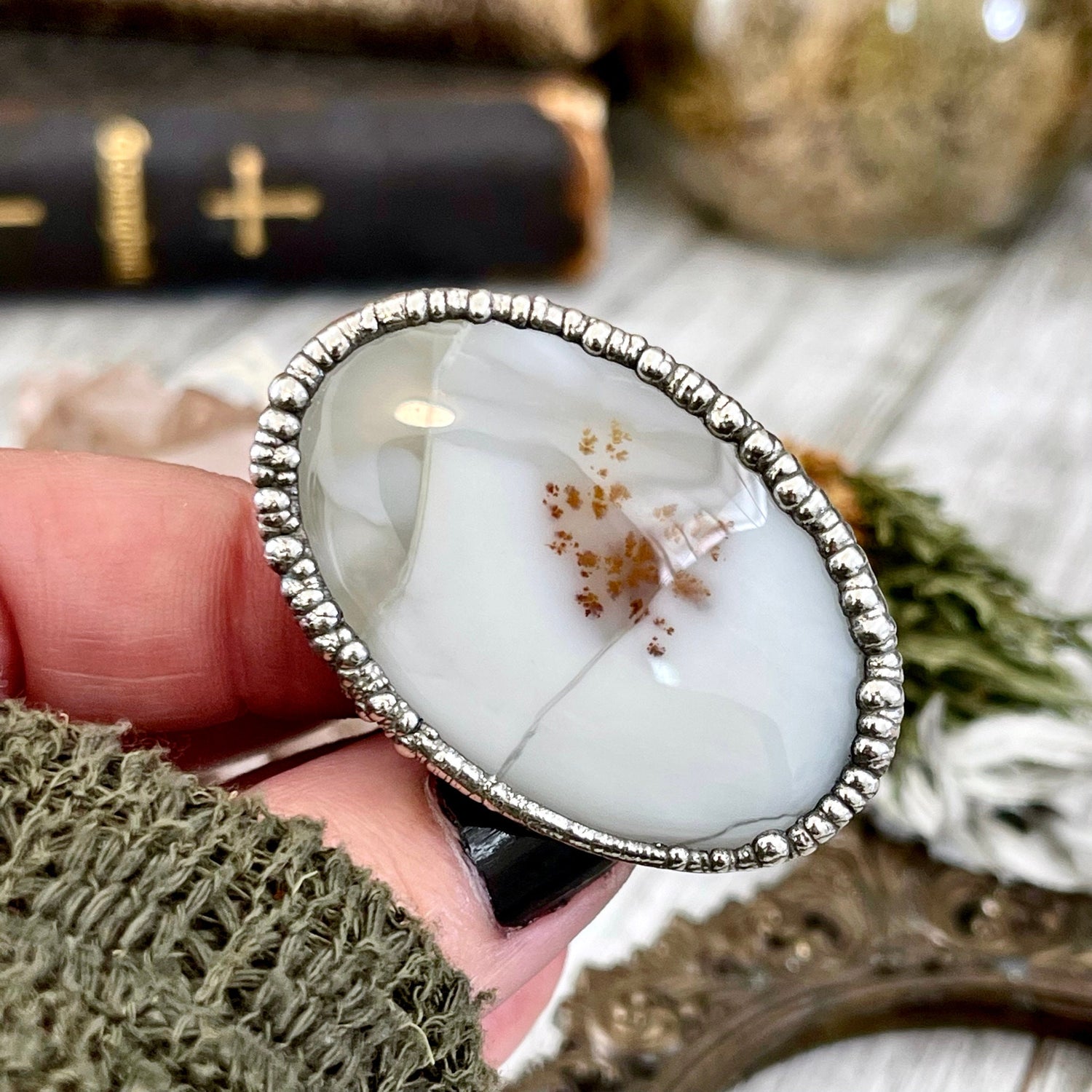 Size 10.5 Dendritic Agate Large Crystal Ring in Fine Silver for Woman / Foxlark Collection -One of a Kind / Big Crystal Ring Witchy Jewelry