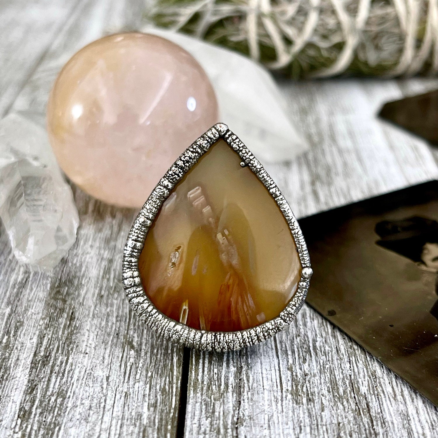 Size 6 Tube Agate Statement Ring Set in Fine Silver / Foxlark Collection - One of a Kind / Big Crystal Ring Witchy Jewelry / Gothic Jewelry