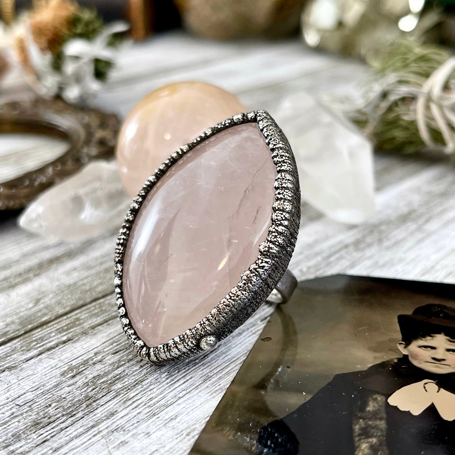 Size 7.5 Big Pink Rose Quartz Crystal Ring in Fine Silver - Pink Stone Jewelry / Foxlark Collection - One of a Kind // Boho Statement Ring