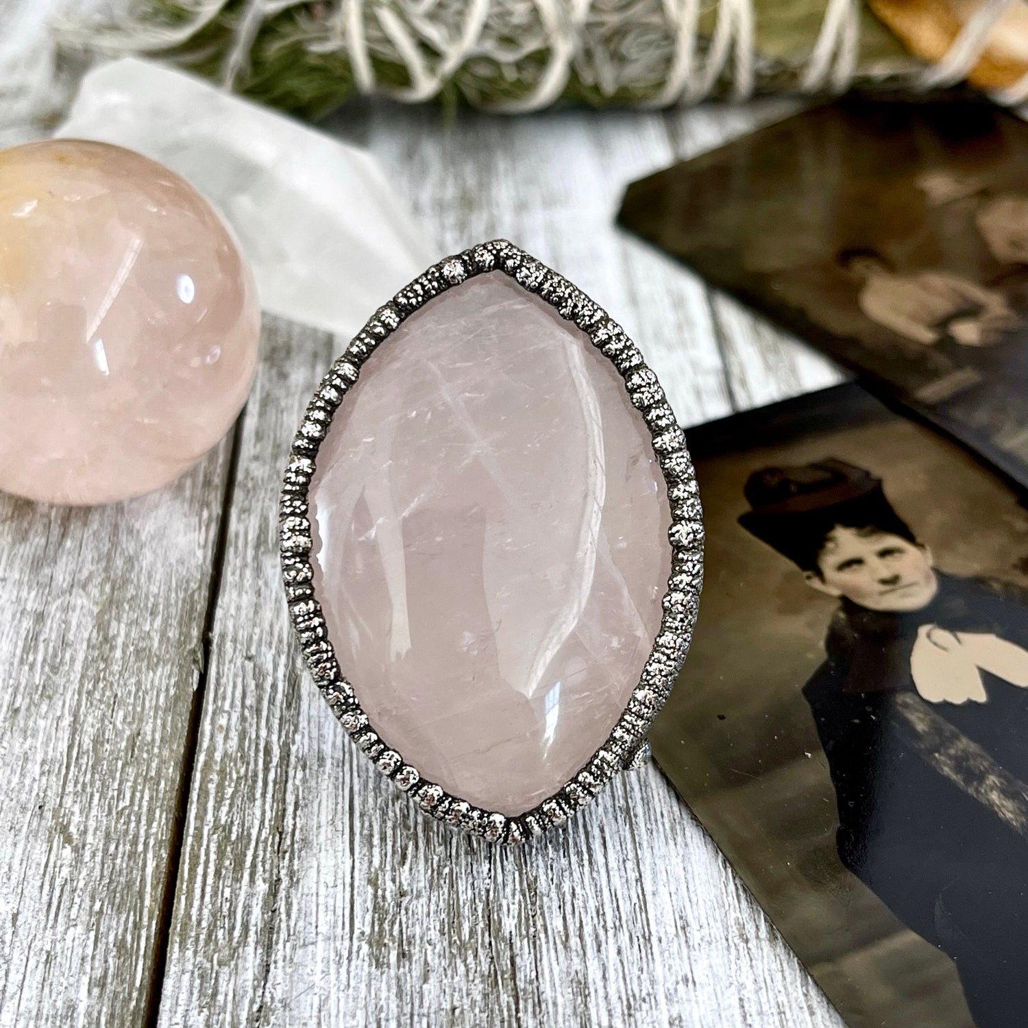 Size 7.5 Big Pink Rose Quartz Crystal Ring in Fine Silver - Pink Stone Jewelry / Foxlark Collection - One of a Kind // Boho Statement Ring