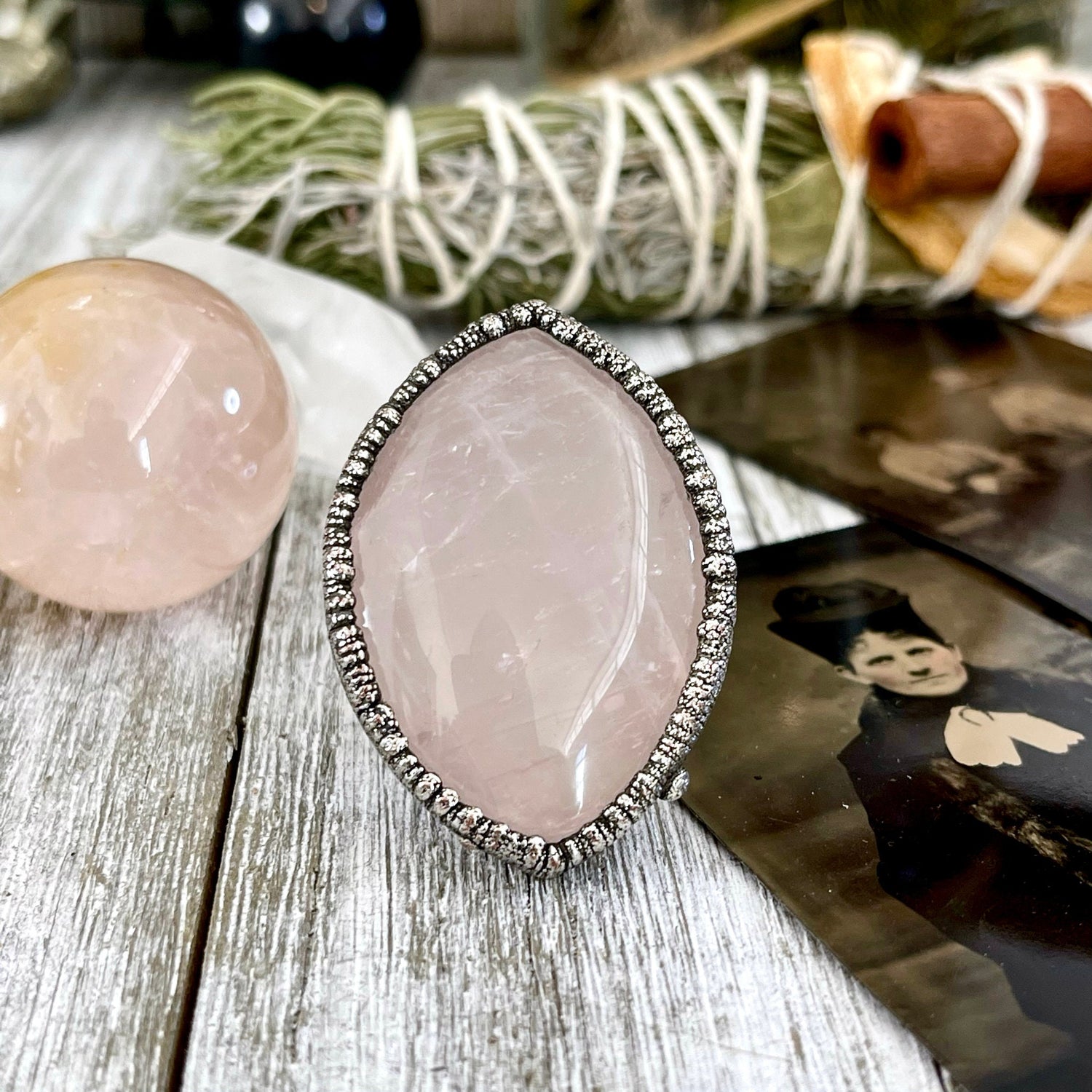Size 7.5 Big Pink Rose Quartz Crystal Ring in Fine Silver - Pink Stone Jewelry / Foxlark Collection - One of a Kind // Boho Statement Ring