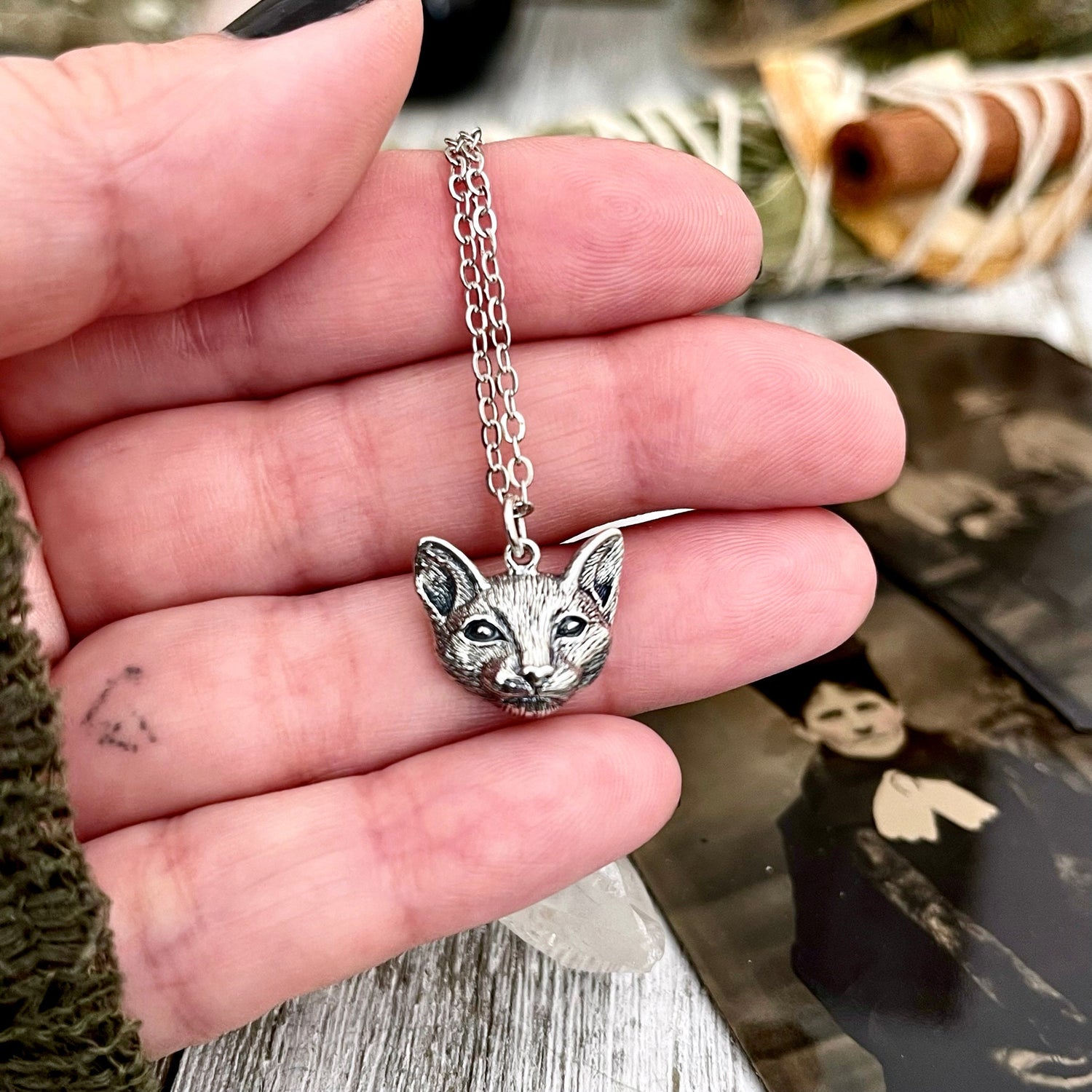 Tiny Talisman Collection - Sterling Silver Cat Necklace Pendant 17mm / / Witchy Necklace Goth Jewelry