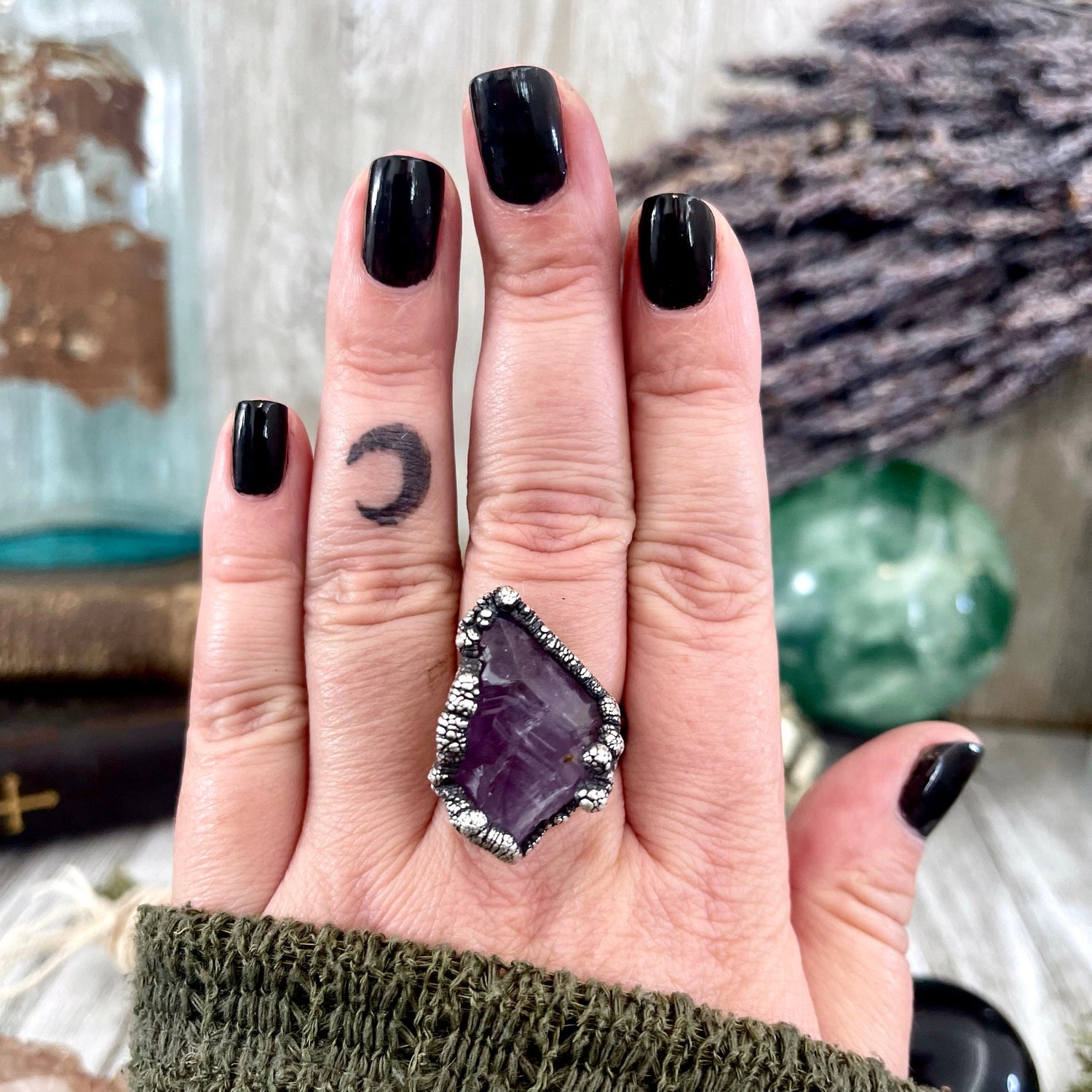 Size 8.5 Raw Amethyst Purple Crystal Ring in Fine Silver / Foxlark Collection - One of a Kind / Big Crystal Ring Witchy Jewelry