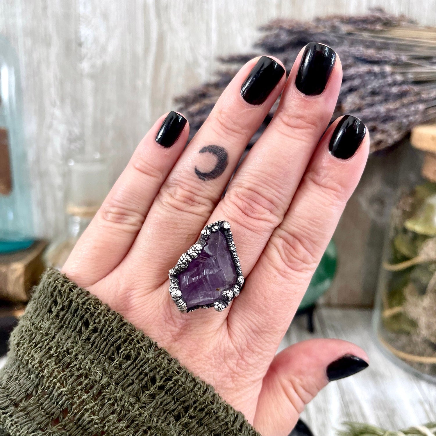 Size 8.5 Raw Amethyst Purple Crystal Ring in Fine Silver / Foxlark Collection - One of a Kind / Big Crystal Ring Witchy Jewelry
