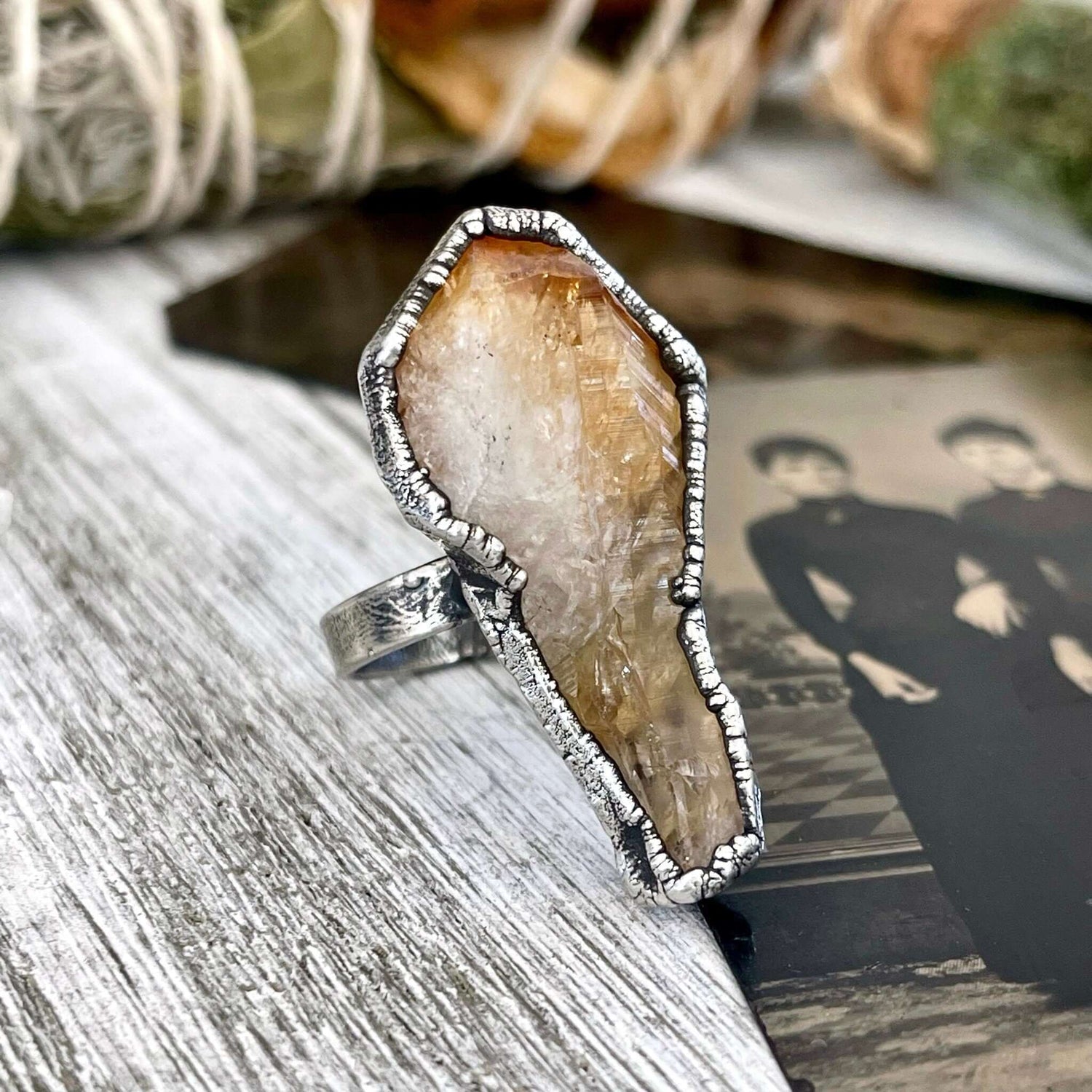 8 Raw Citrine Crystal Point Ring Set in Fine Silver / Foxlark Collection - One of a Kind / Big Crystal Ring Witchy Jewelry