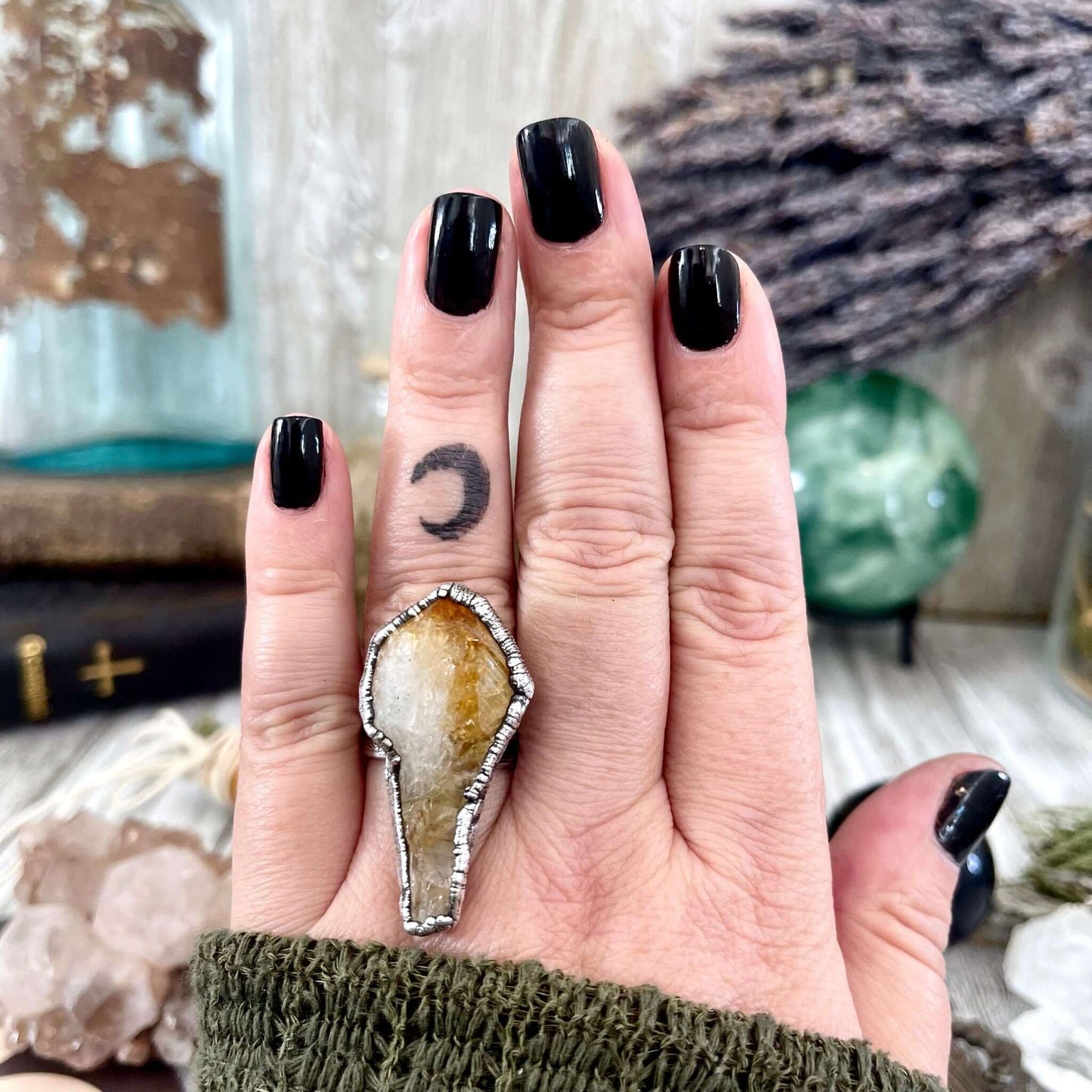 8 Raw Citrine Crystal Point Ring Set in Fine Silver / Foxlark Collection - One of a Kind / Big Crystal Ring Witchy Jewelry