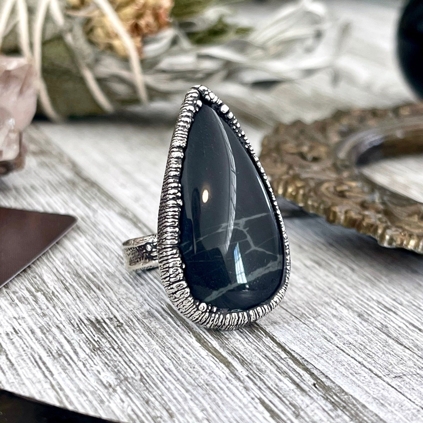 Size 5 Natural Spider Web Obsidian Statement Ring in Fine Silver - Black Stone Jewelry / Foxlark Collection - One of a Kind
