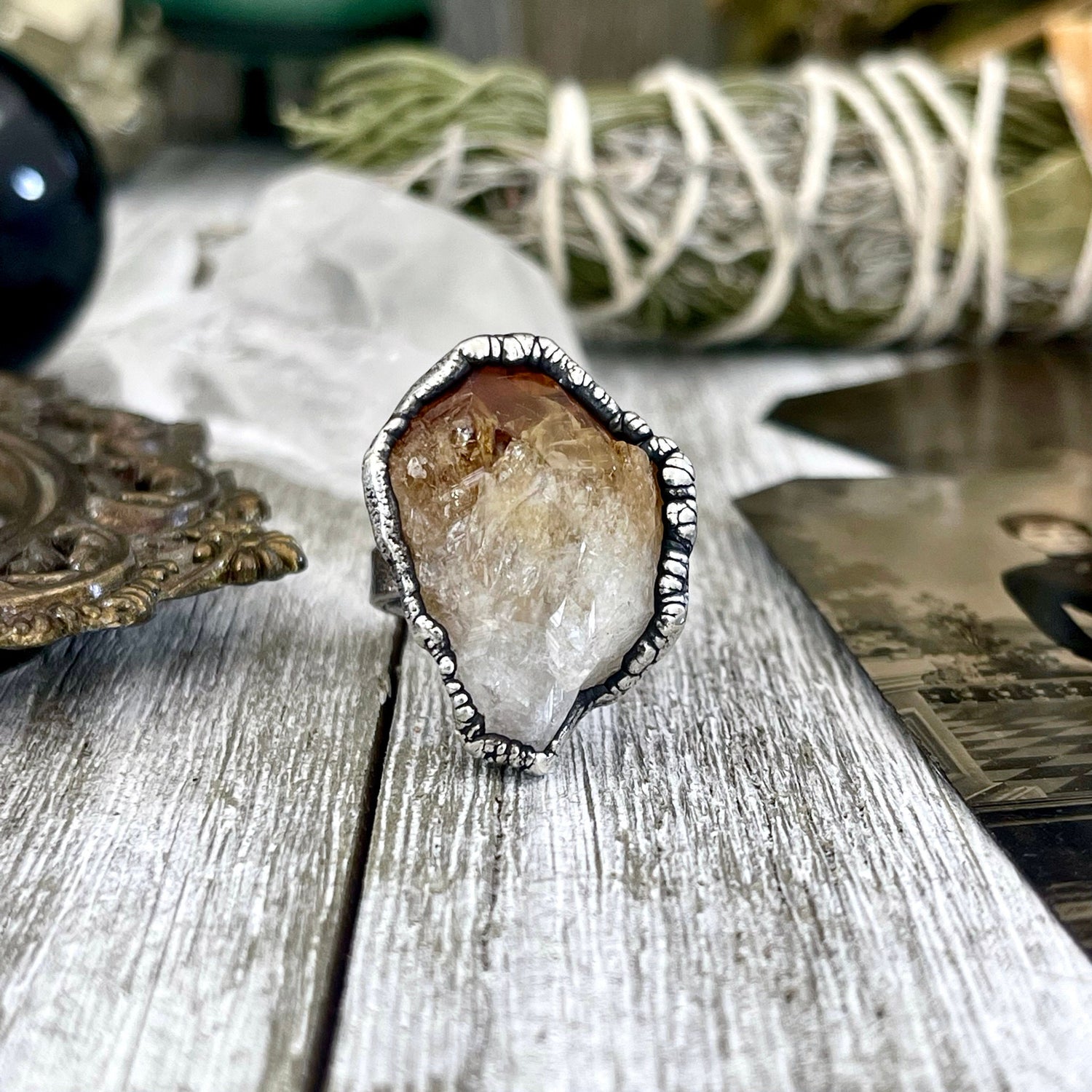 Size 7 Raw Citrine Crystal Point Ring Set in Fine Silver / Foxlark Collection - One of a Kind / Big Crystal Ring Witchy Jewelry