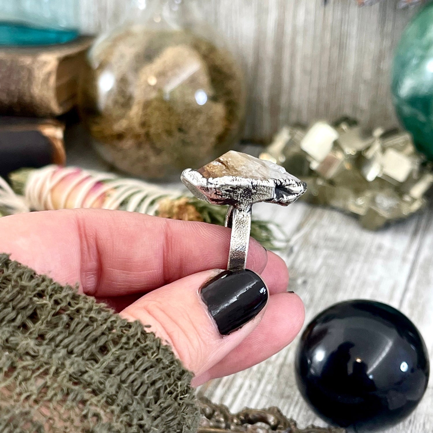 Size 7 Raw Citrine Crystal Point Ring Set in Fine Silver / Foxlark Collection - One of a Kind / Big Crystal Ring Witchy Jewelry