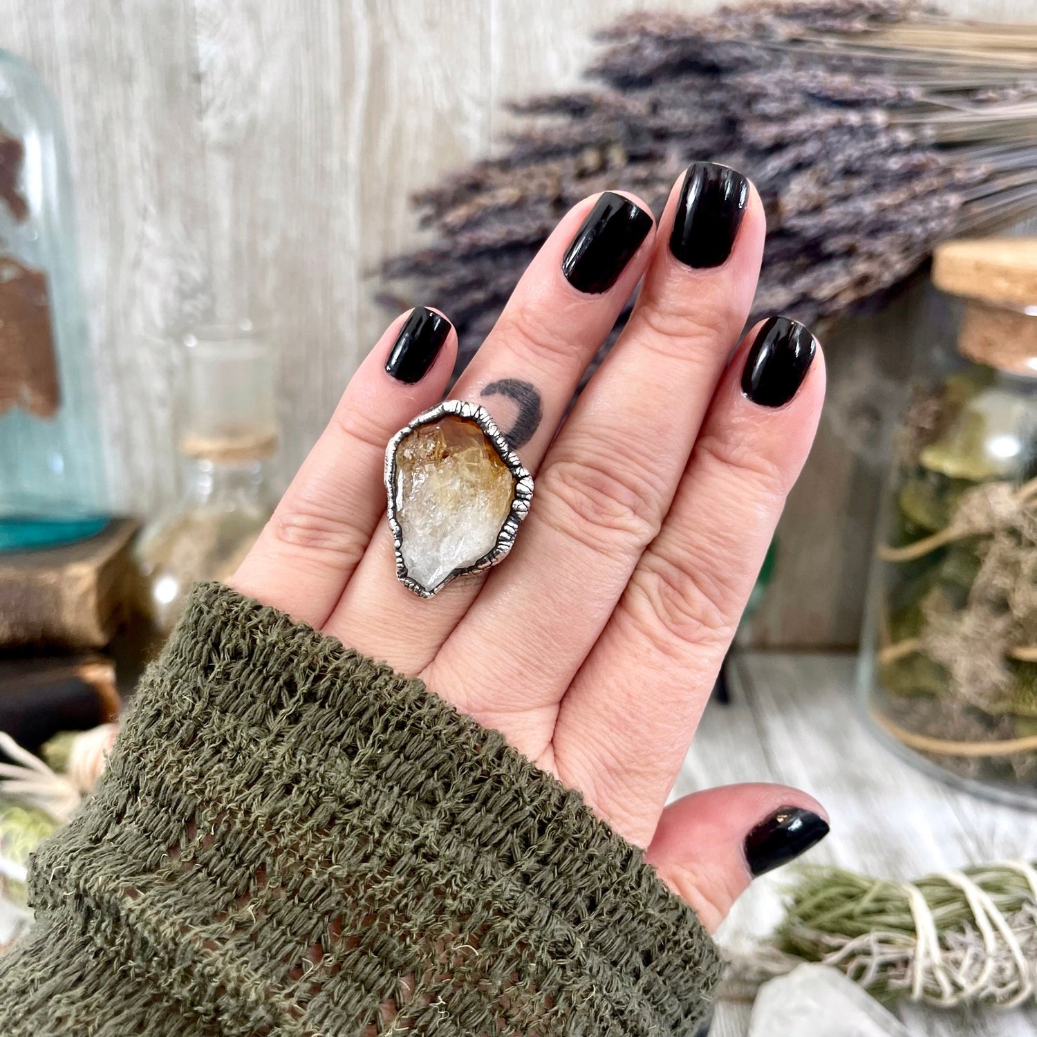 Size 7 Raw Citrine Crystal Point Ring Set in Fine Silver / Foxlark Collection - One of a Kind / Big Crystal Ring Witchy Jewelry