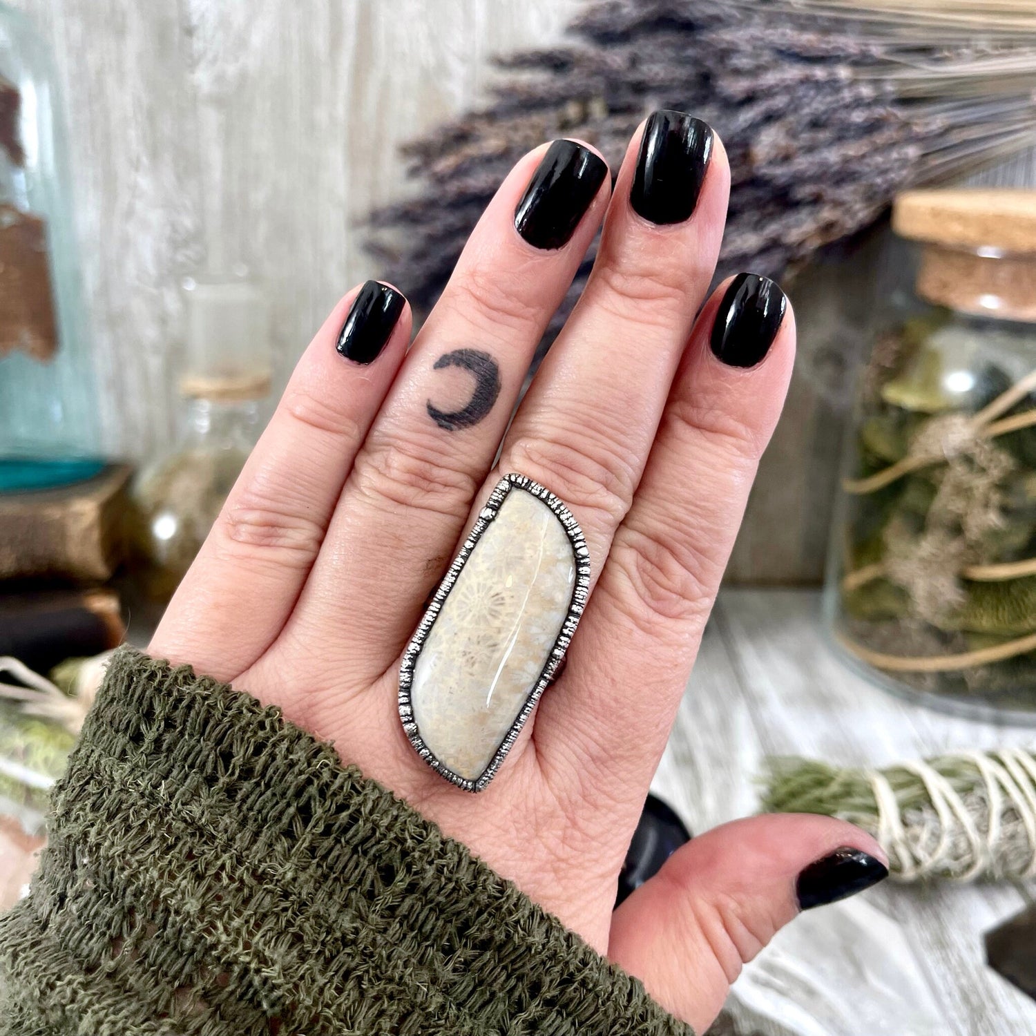 Size 10 Fossilized Coral Silver Statement Ring in Fine Silver / Foxlark Collection - One of a Kind / Big Crystal Ring Witchy Jewelry