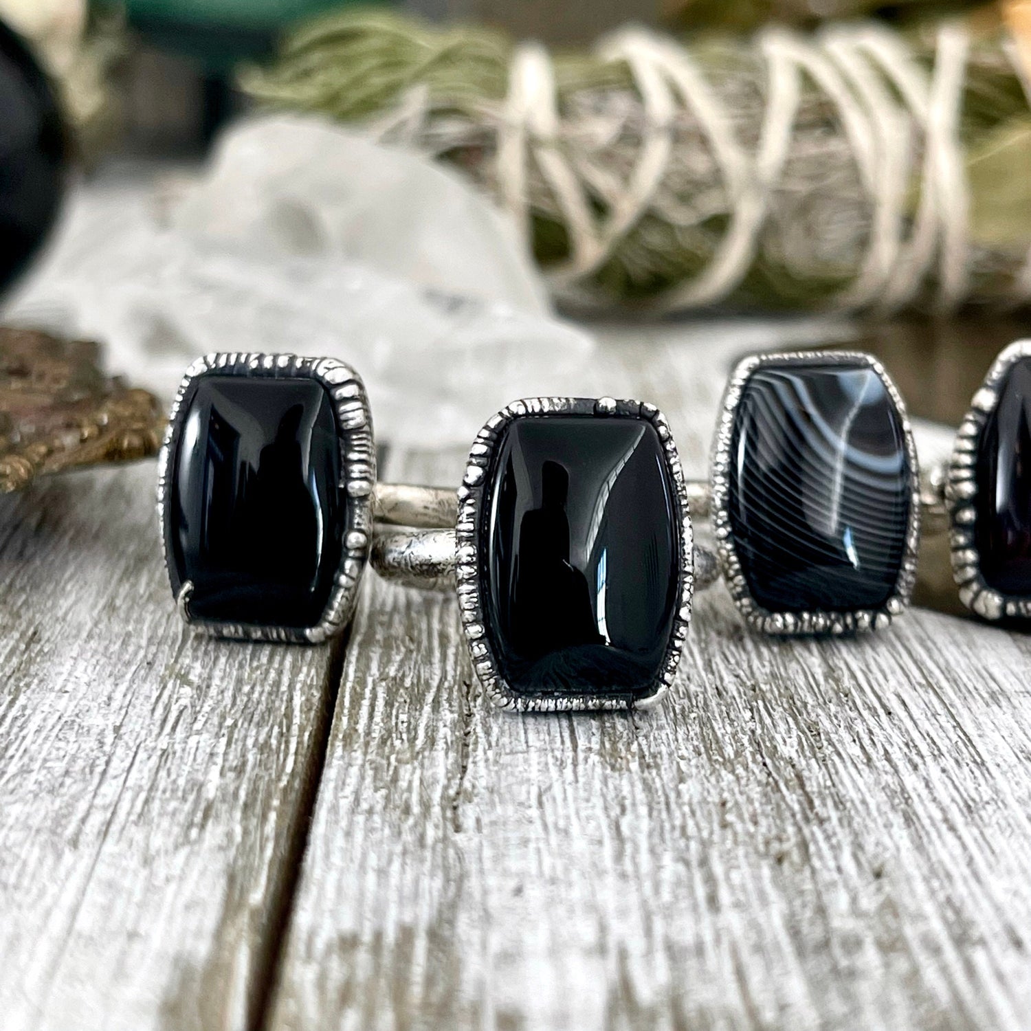 Size 7 or 9 Natural Black Stone Agate Ring in Fine Silver/ Foxlark Collection - One of a Kind / Big Crystal Ring Witchy Jewelry