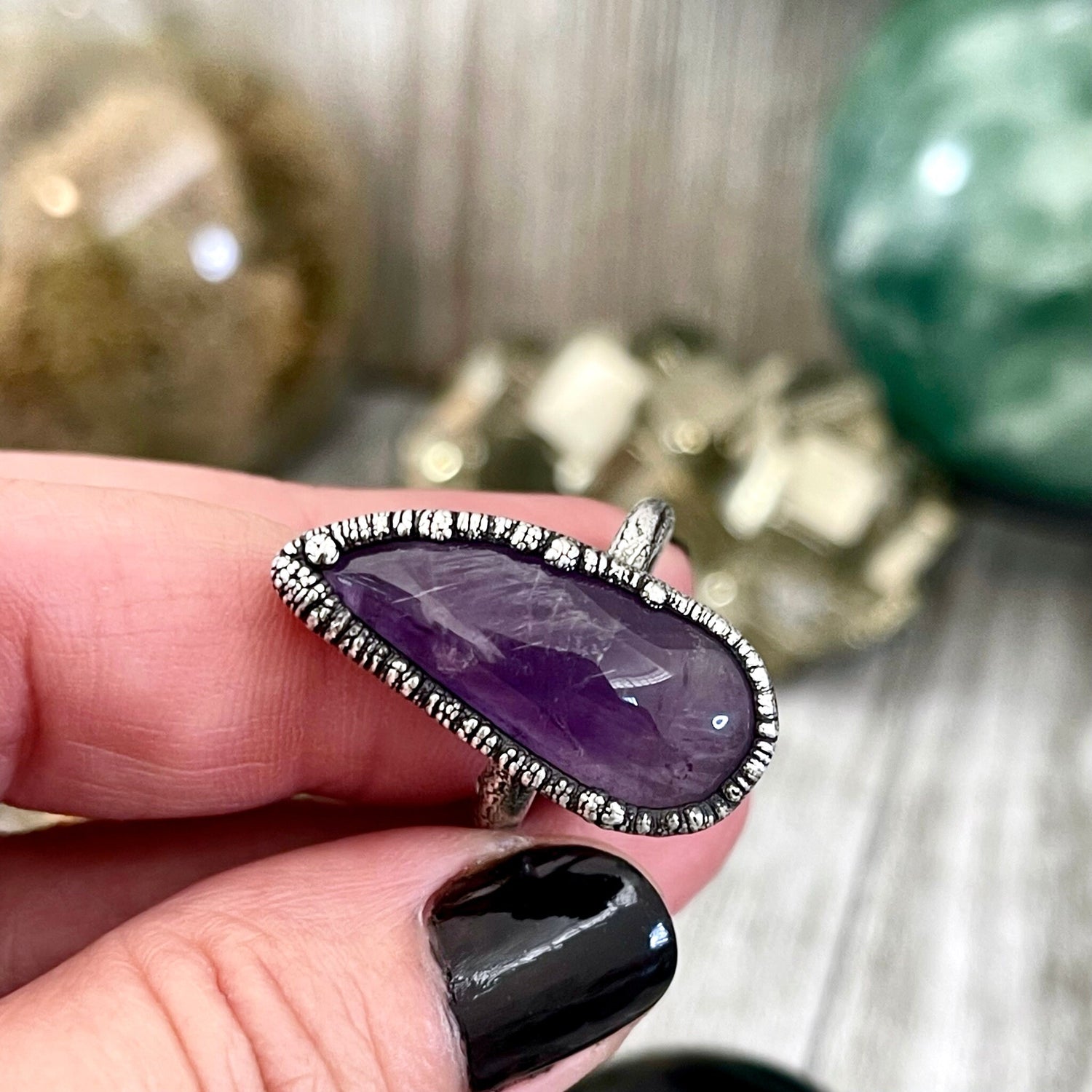 Size 8 Purple Amethyst Gemstone Crystal Ring Set in Fine Silver / Foxlark Collection - One of a Kind / Gothic Jewelry