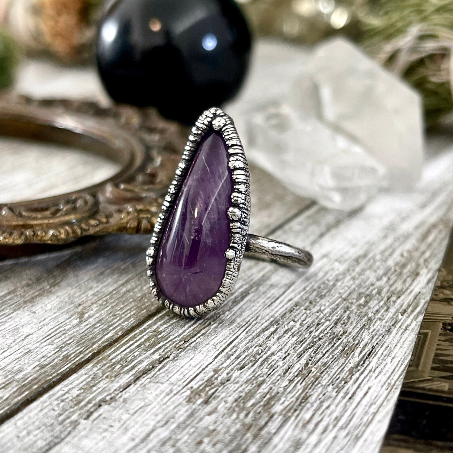 Size 8 Purple Amethyst Gemstone Crystal Ring Set in Fine Silver / Foxlark Collection - One of a Kind / Gothic Jewelry
