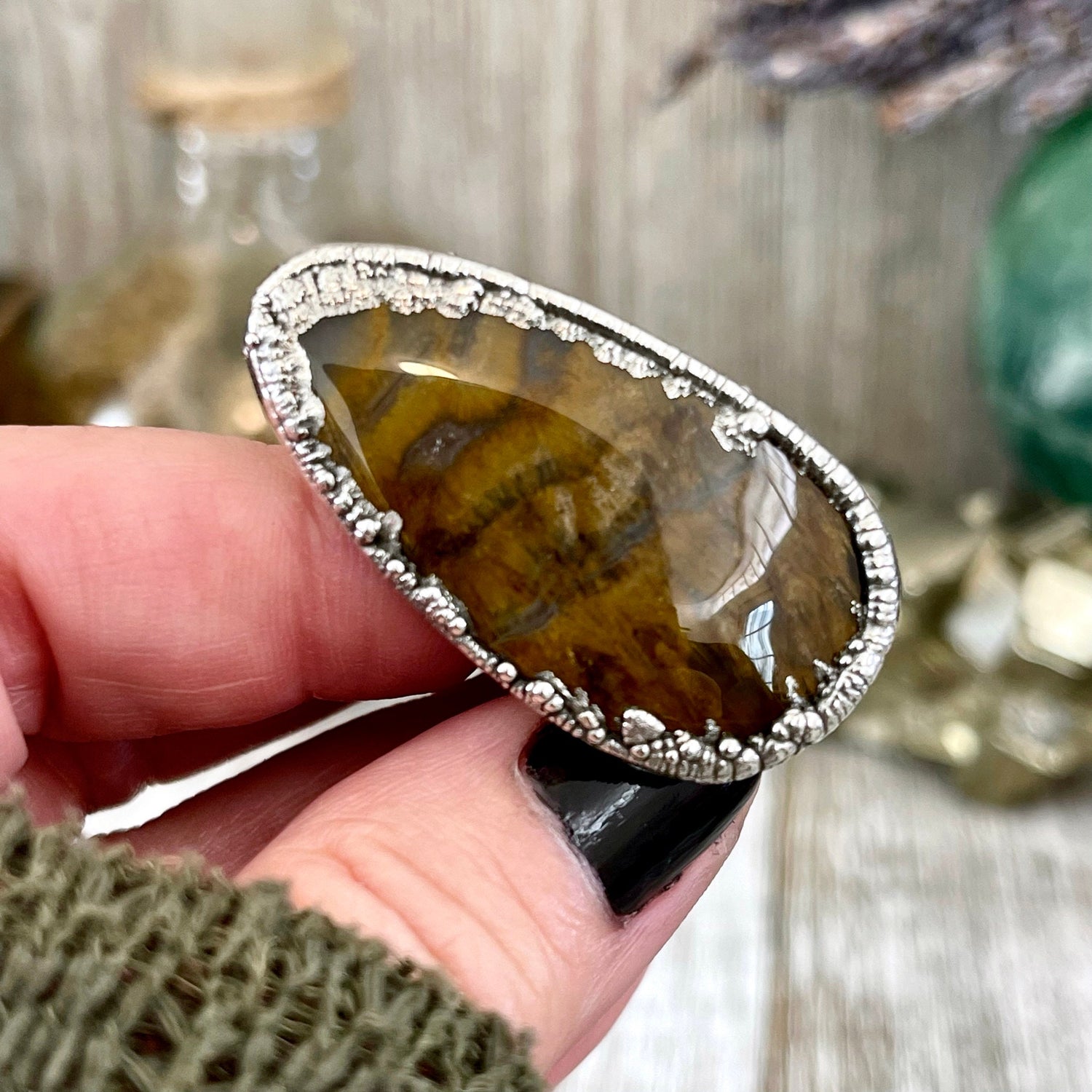 Size 7 Lion Skin Quartz Large Crystal Statement Ring in Fine Silver / Foxlark Collection - One of a Kind / Big Crystal Ring Witchy Jewelry