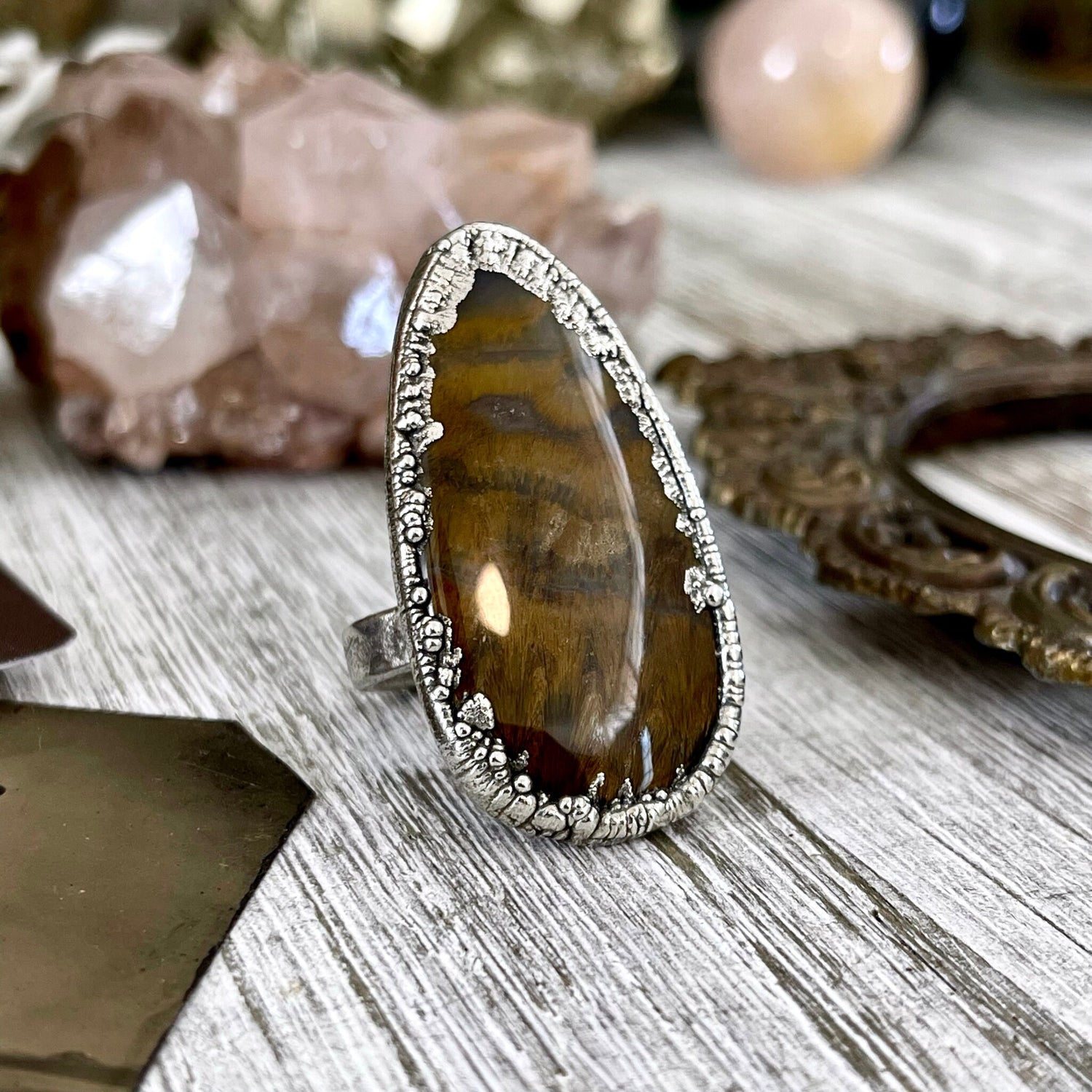 Size 7 Lion Skin Quartz Large Crystal Statement Ring in Fine Silver / Foxlark Collection - One of a Kind / Big Crystal Ring Witchy Jewelry