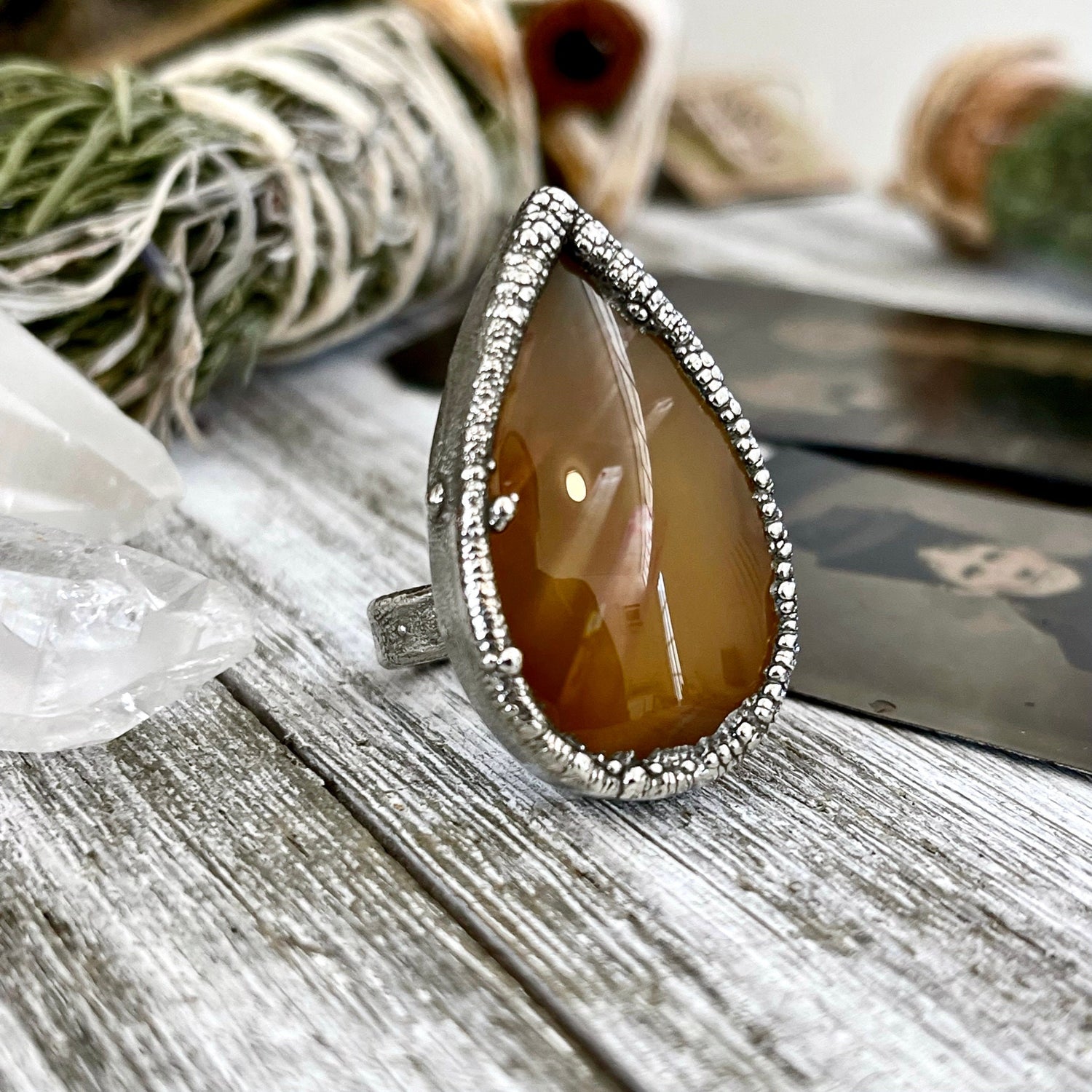 Size 6 Tube Agate Statement Ring Set in Fine Silver / Foxlark Collection - One of a Kind / Big Crystal Ring Witchy Jewelry / Gothic Jewelry