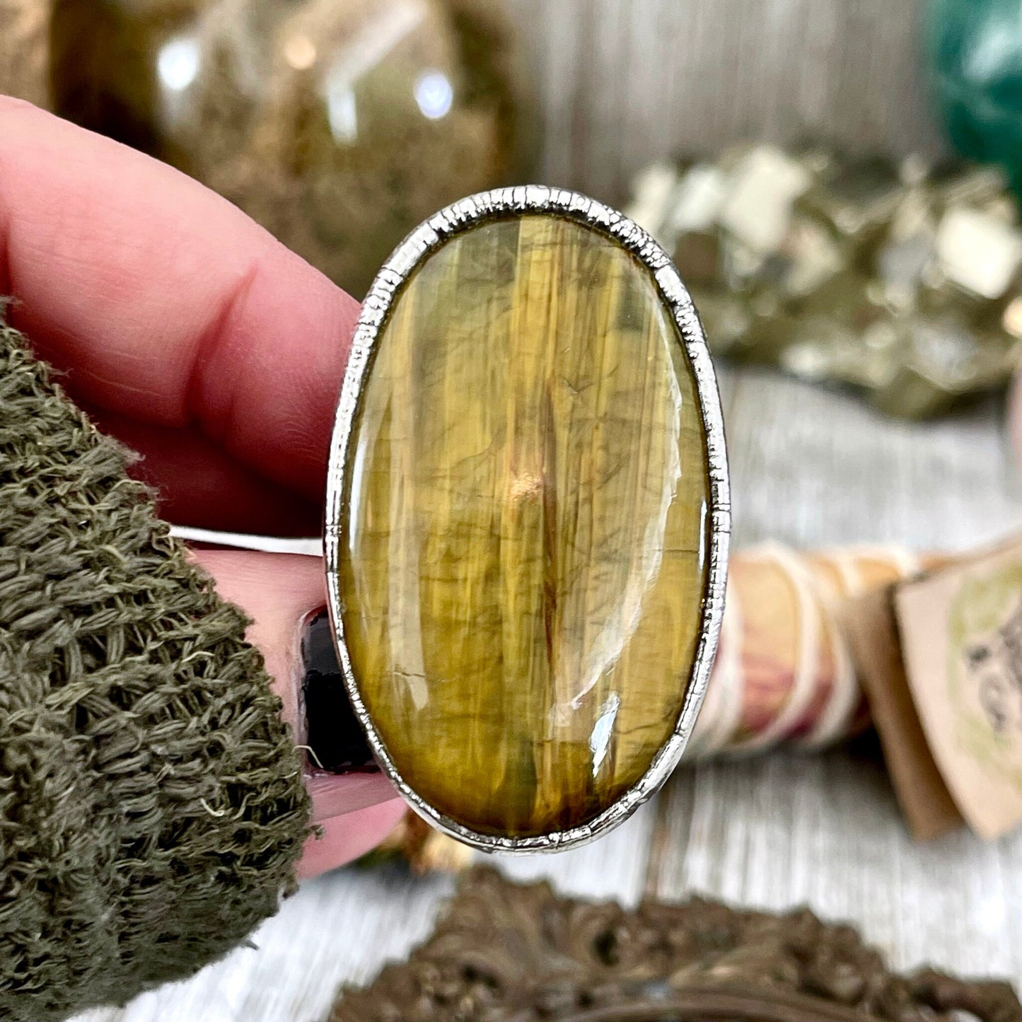 Silver Tigers Eye Ring Size 8 / Bohemian Big Stone Statement Ring / Foxlark Collection - One of a Kind // Yellow Crystal Jewelry