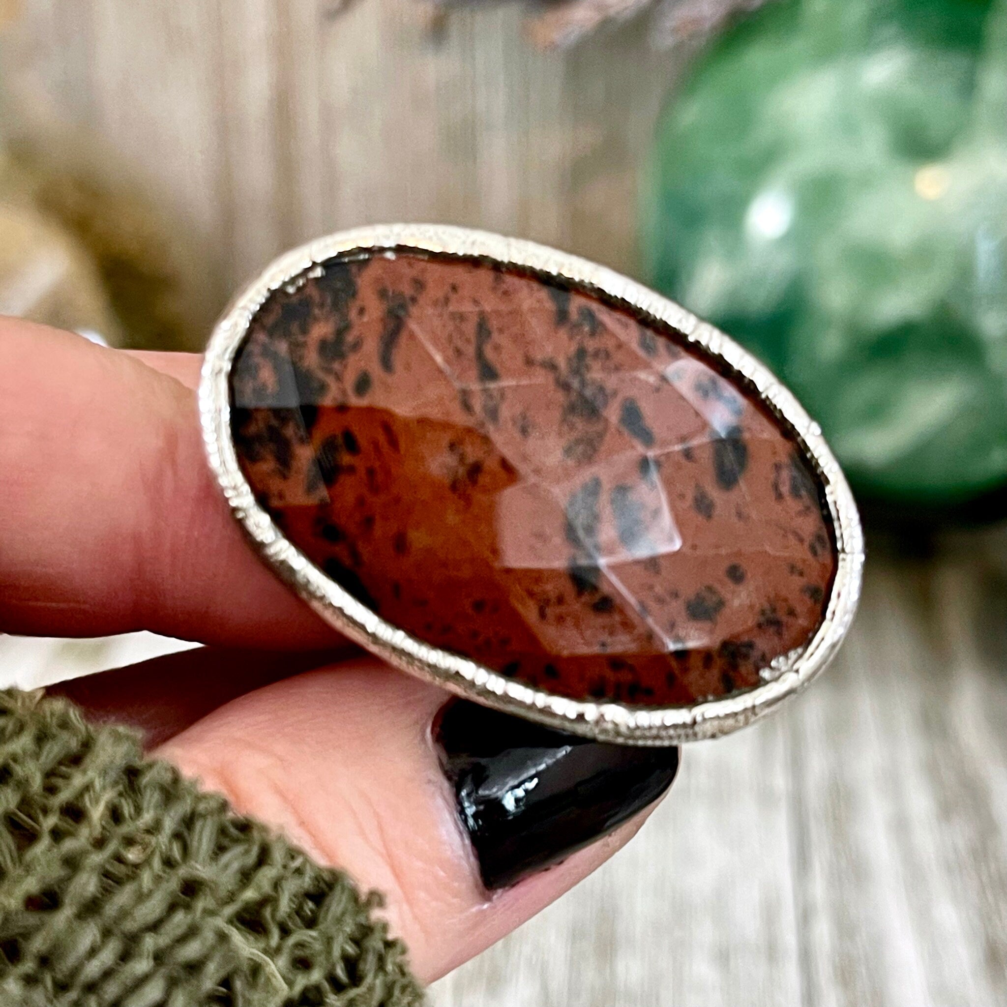 Oblong Mahogany Obsidian Claira Ring in Silver • US Size 9 - Tranquil Sky  Jewelry