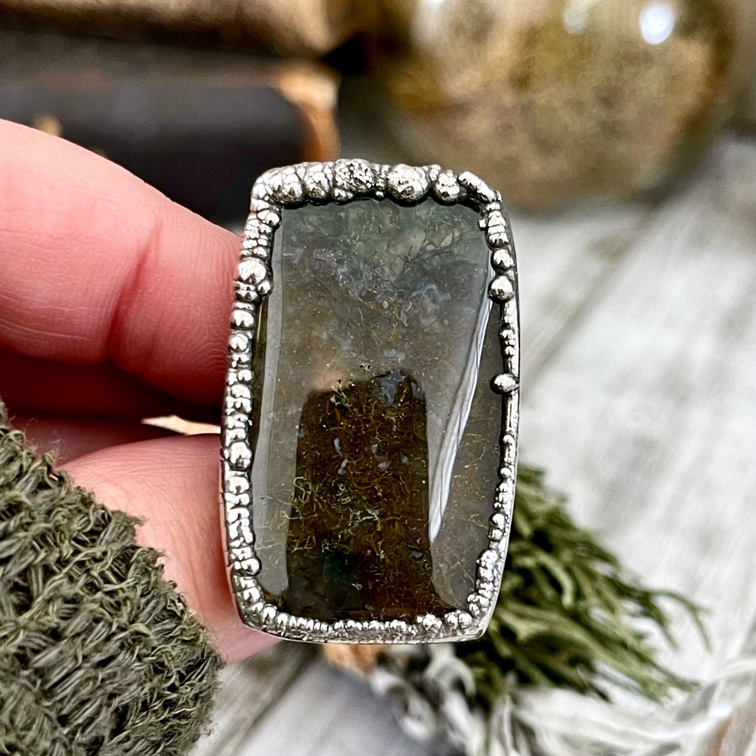 Big Size 6 Silver Natural Fancy Moss Agate Crystal Statement Ring / Foxlark Collection - One of a Kind / Big Crystal Ring Witchy Jewelry