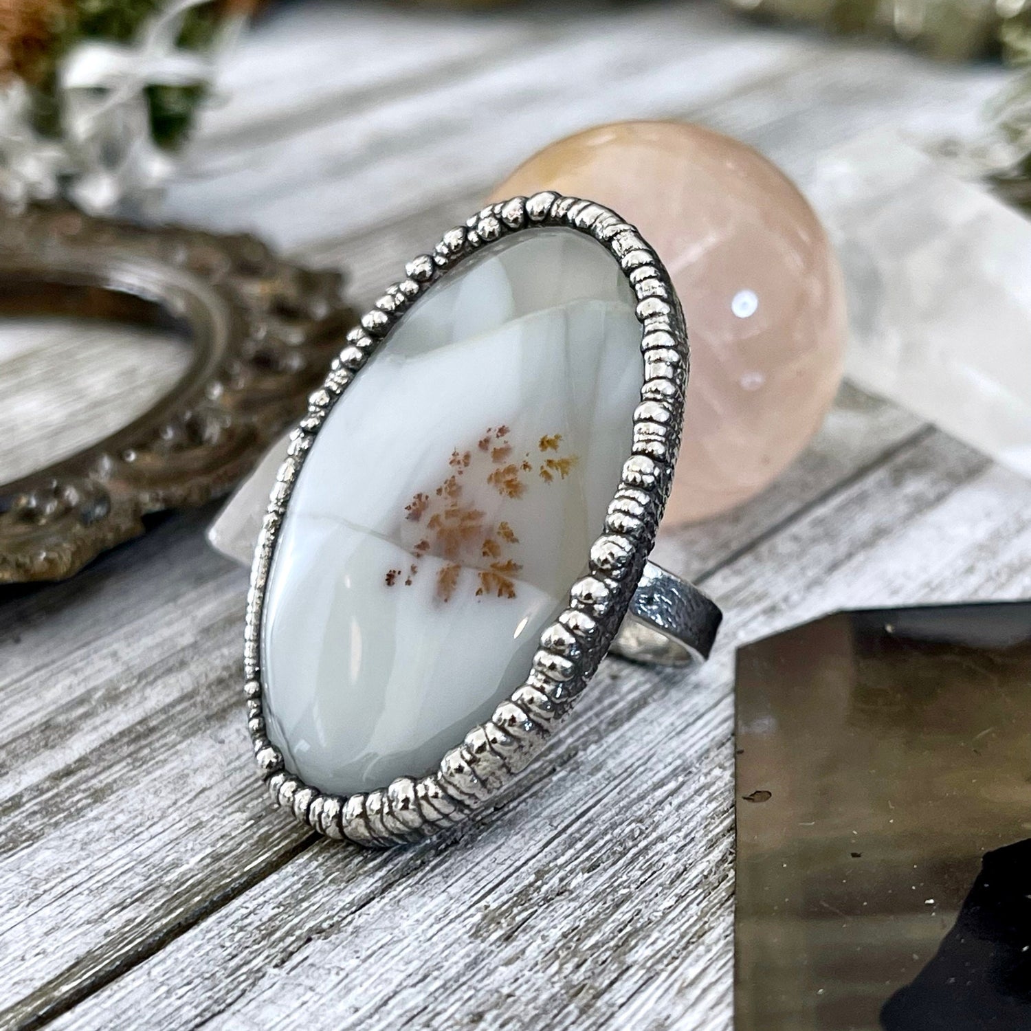 Size 8.5 Dendritic Agate Large Crystal Ring in Fine Silver for Woman /  Foxlark Collection - One of a Kind