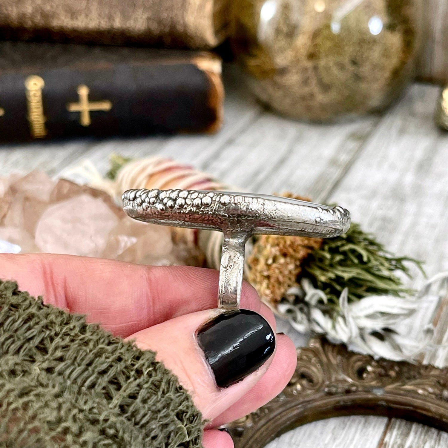 Size 10.5 Dendritic Agate Large Crystal Ring in Fine Silver for Woman / Foxlark Collection -One of a Kind / Big Crystal Ring Witchy Jewelry