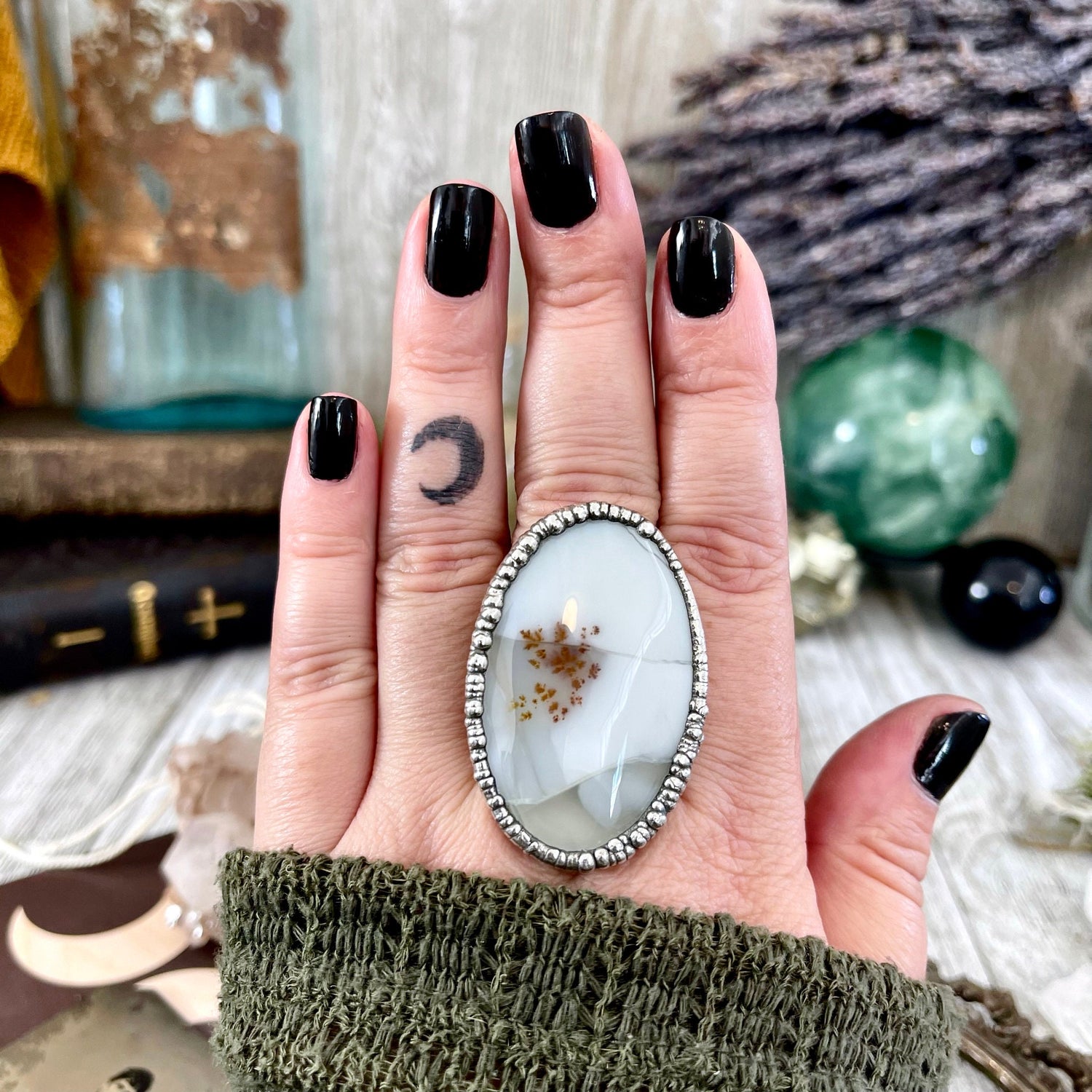 Size 10.5 Dendritic Agate Large Crystal Ring in Fine Silver for Woman / Foxlark Collection -One of a Kind / Big Crystal Ring Witchy Jewelry