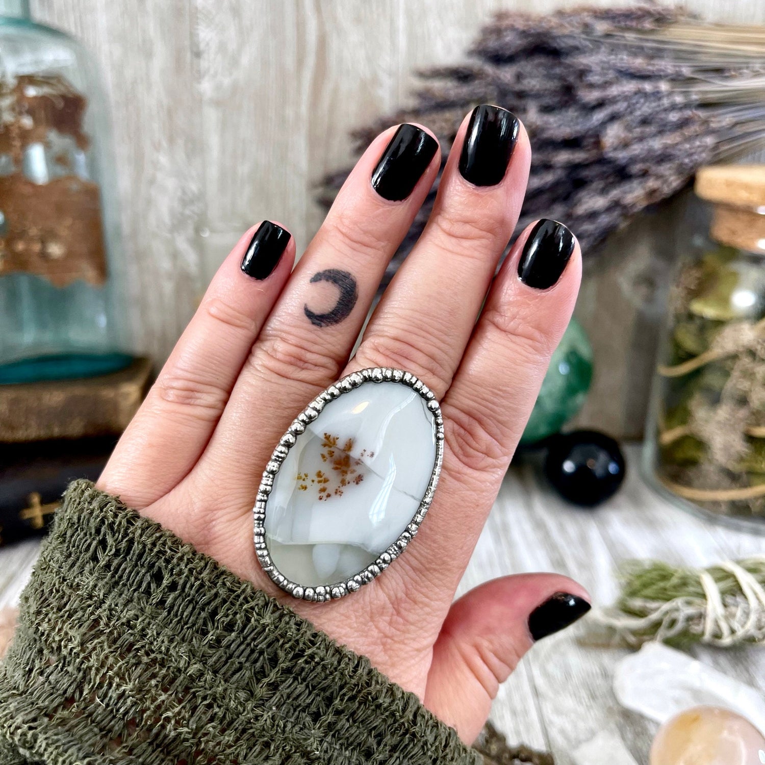 Size 10.5 Dendritic Agate Large Crystal Ring in Fine Silver for Woman / Foxlark Collection -One of a Kind / Big Crystal Ring Witchy Jewelry