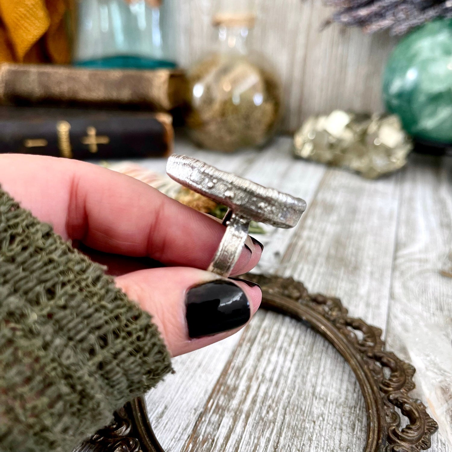 Size 6 Tube Agate Statement Ring Set in Fine Silver / Foxlark Collection - One of a Kind / Big Crystal Ring Witchy Jewelry / Gothic Jewelry