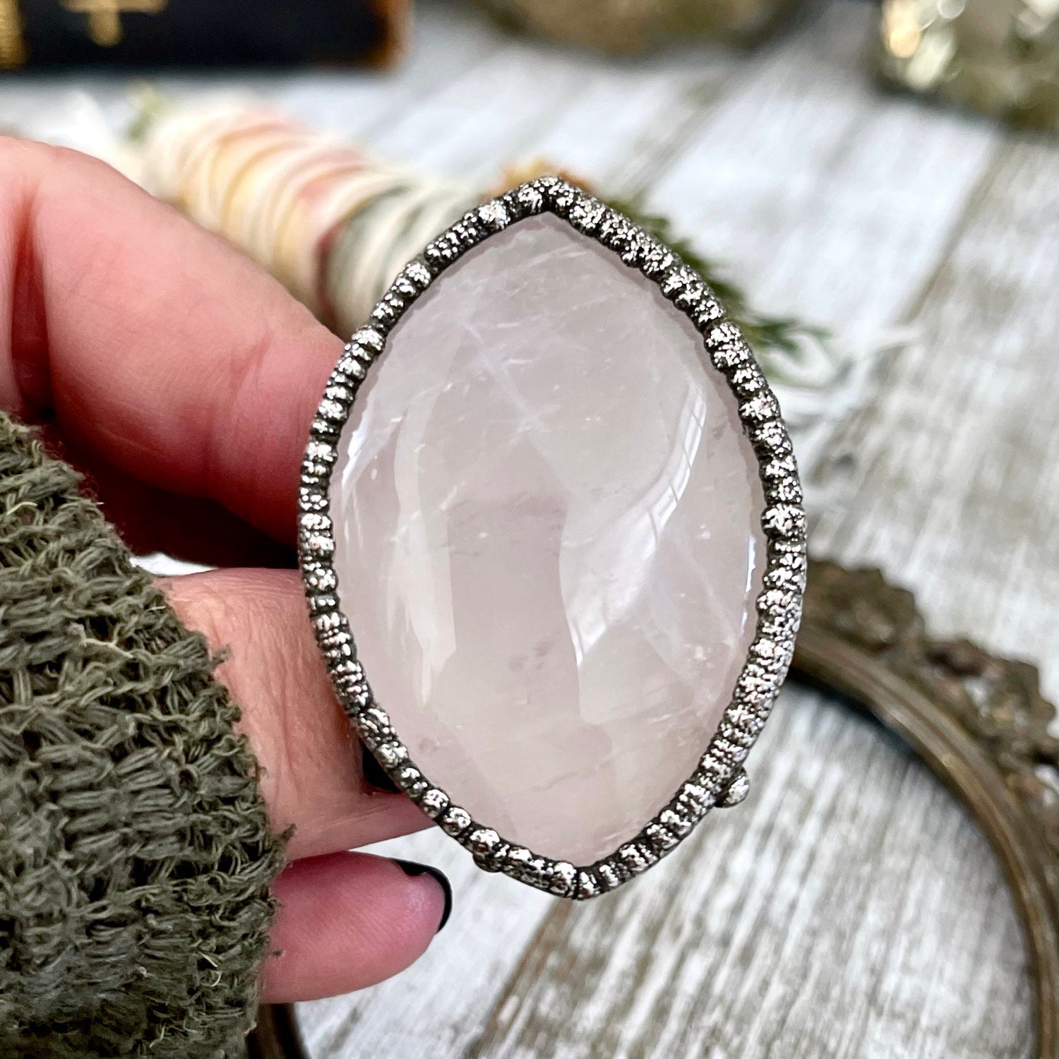 Size 7.5 Big Pink Rose Quartz Crystal Ring in Fine Silver - Pink Stone Jewelry / Foxlark Collection - One of a Kind // Boho Statement Ring