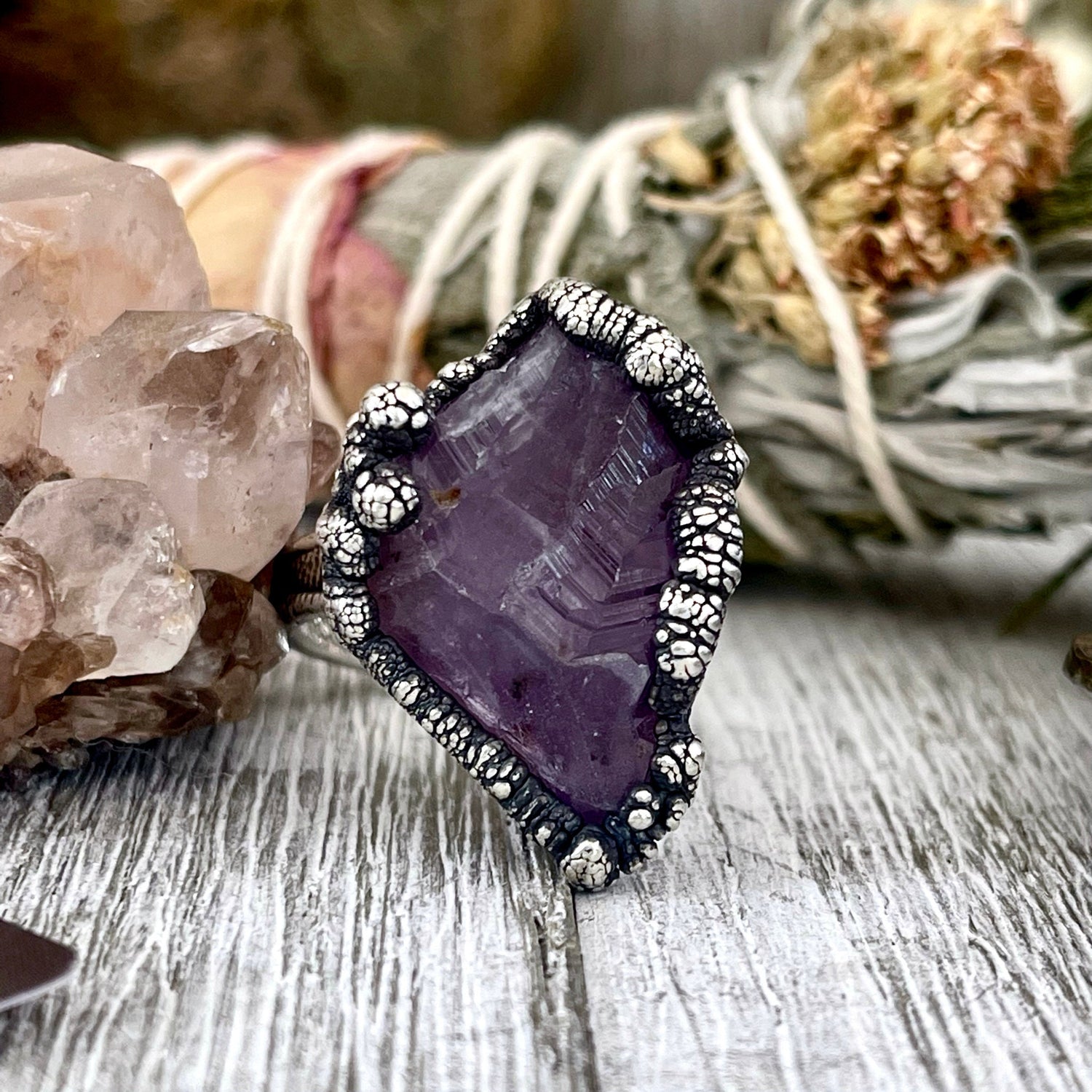Size 8.5 Raw Amethyst Purple Crystal Ring in Fine Silver / Foxlark Collection - One of a Kind / Big Crystal Ring Witchy Jewelry