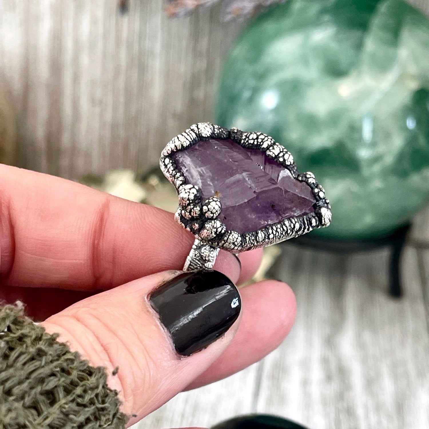 Size 8.5 Raw Amethyst Purple Crystal Ring in Fine Silver / Foxlark Collection - One of a Kind / Big Crystal Ring Witchy Jewelry