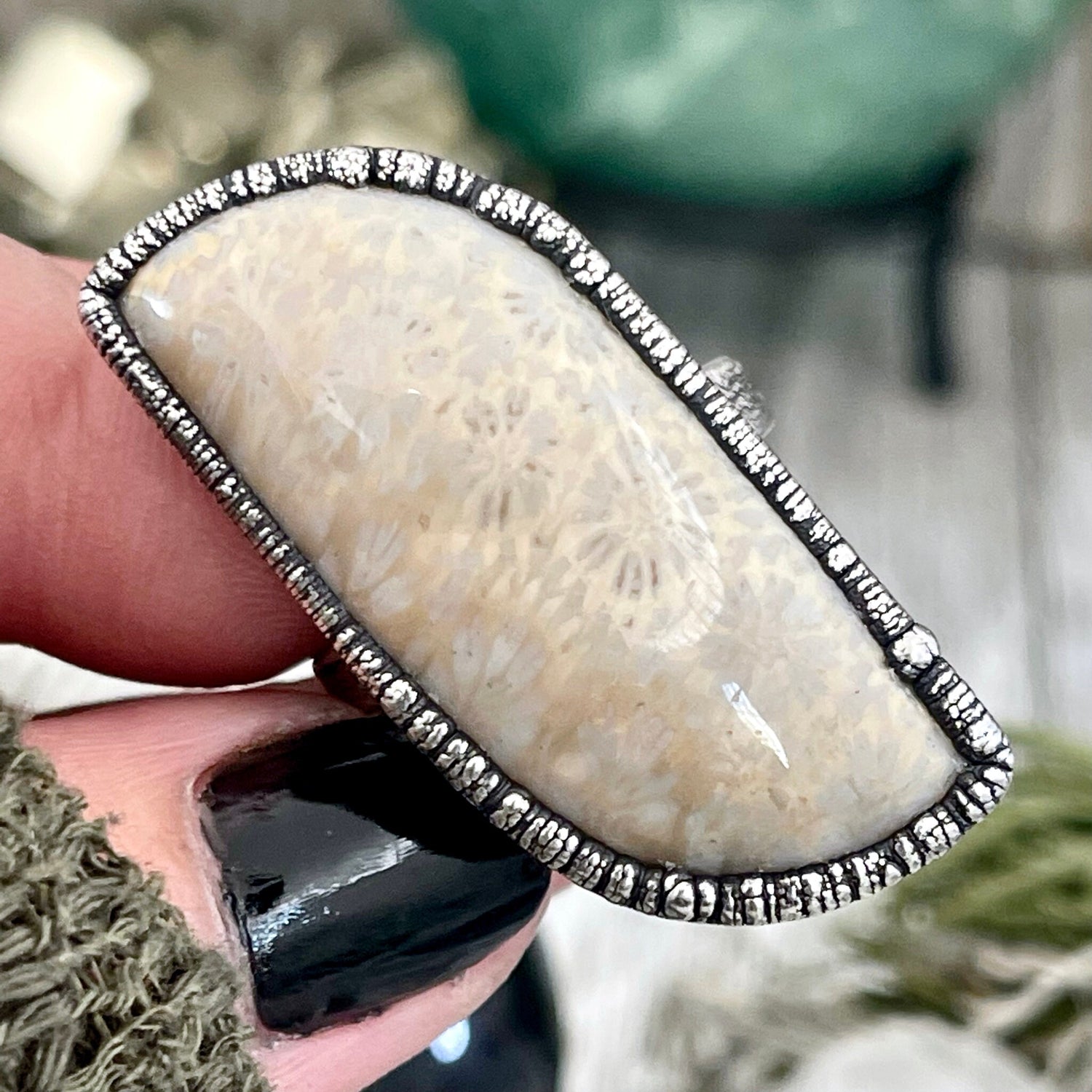 Size 10 Fossilized Coral Silver Statement Ring in Fine Silver / Foxlark Collection - One of a Kind / Big Crystal Ring Witchy Jewelry