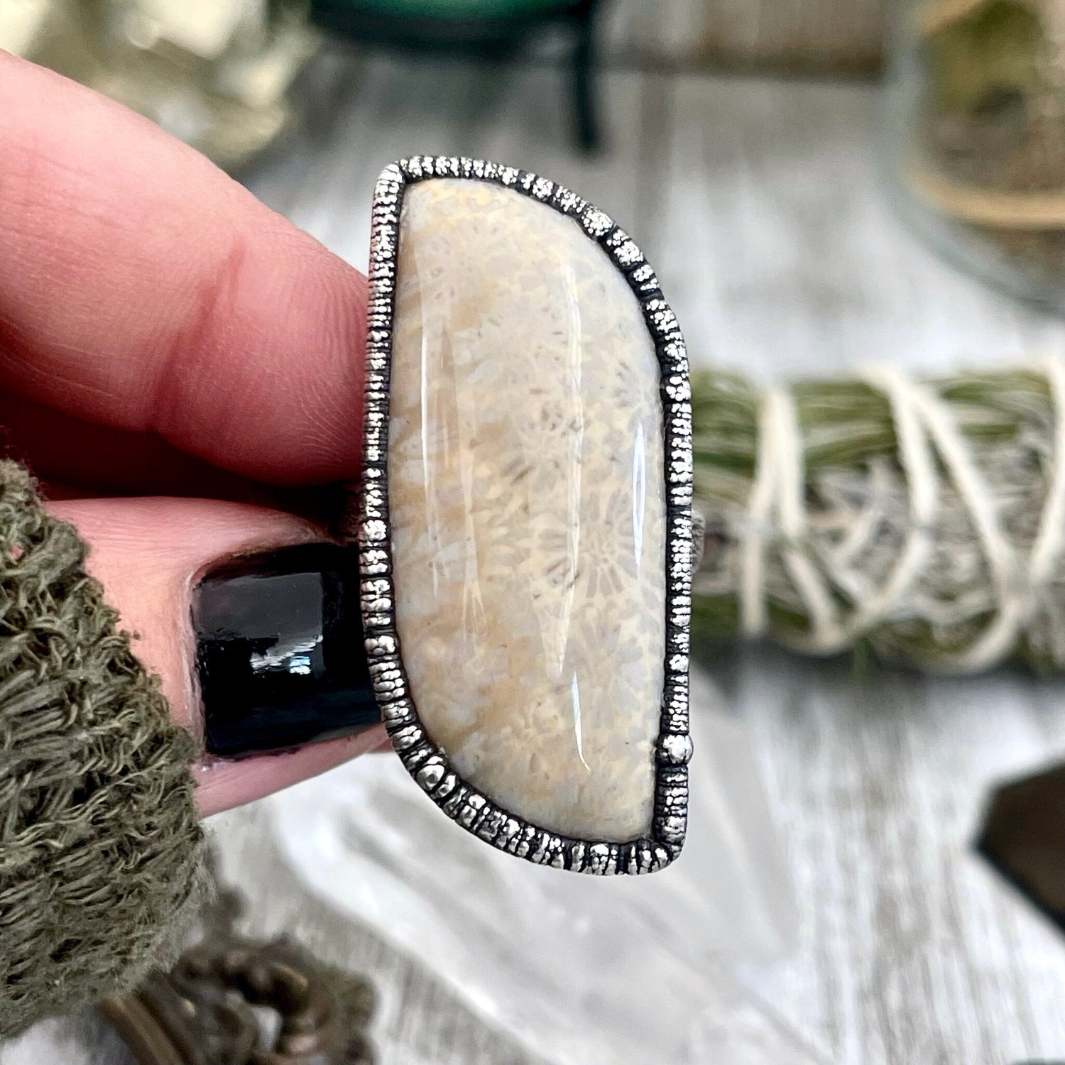 Size 10 Fossilized Coral Silver Statement Ring in Fine Silver / Foxlark Collection - One of a Kind / Big Crystal Ring Witchy Jewelry