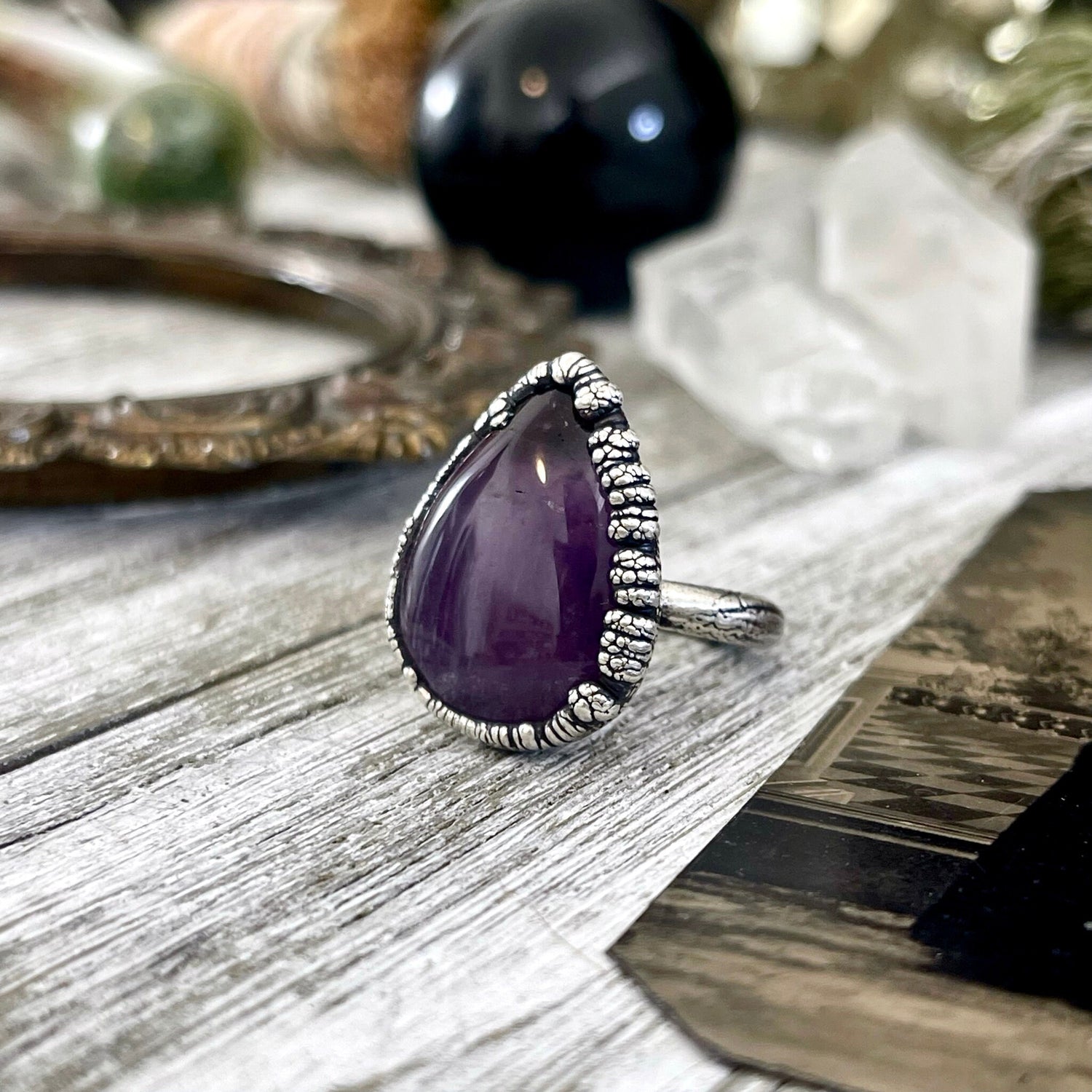 Size 7 Purple Amethyst Teardrop Gemstone Crystal Ring Set in Fine Silver / Foxlark Collection - One of a Kind / Gothic Jewelry