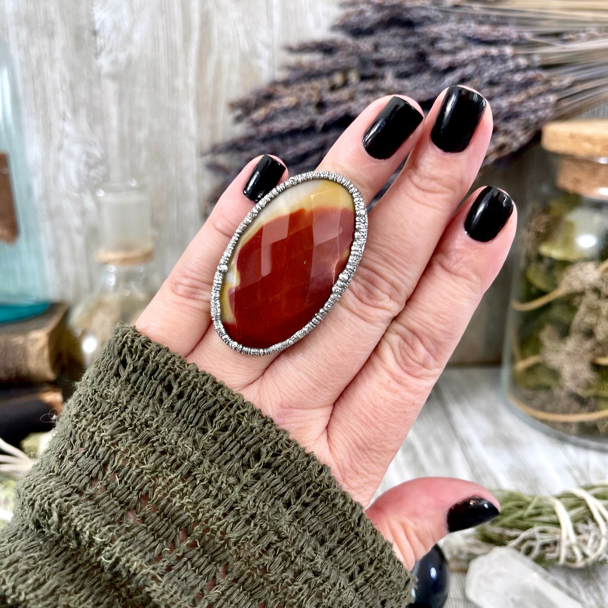 Big Bold Jewelry, Big Silver Ring, Bohemian Jewelry, Etsy ID: 1531387219, Foxlark Alchemy, FOXLARK- RINGS, Jewelry, large Stone Ring, Mookaite Ring, Red Stone Ring, Ring for Woman, Ring in Silver, Rings, Silver crystal ring, Silver stone ring, Statement J