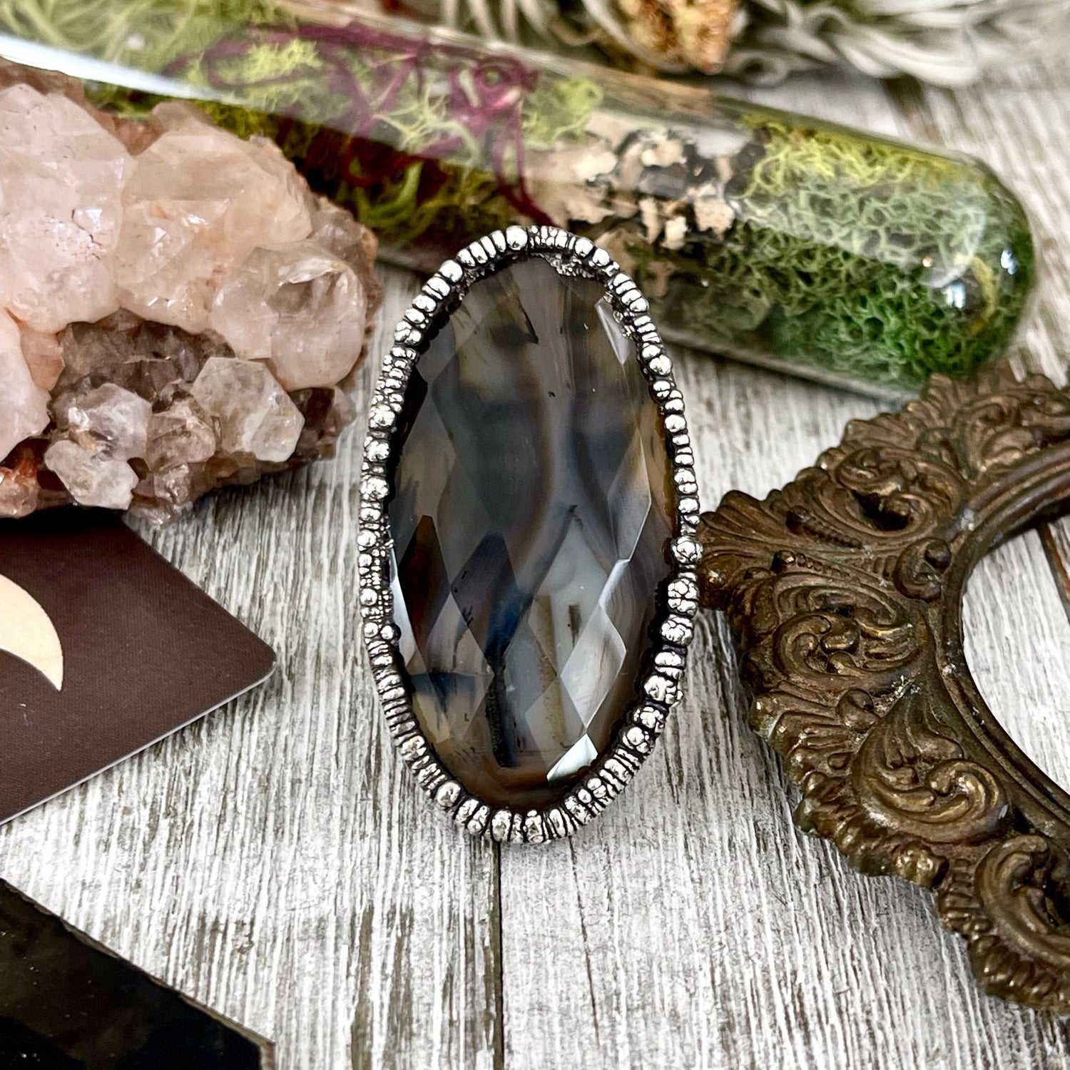 Size 8 Silver Montana Moss Agate Statement Ring / Large Crystal Bohemian Dendritic Agate Ring