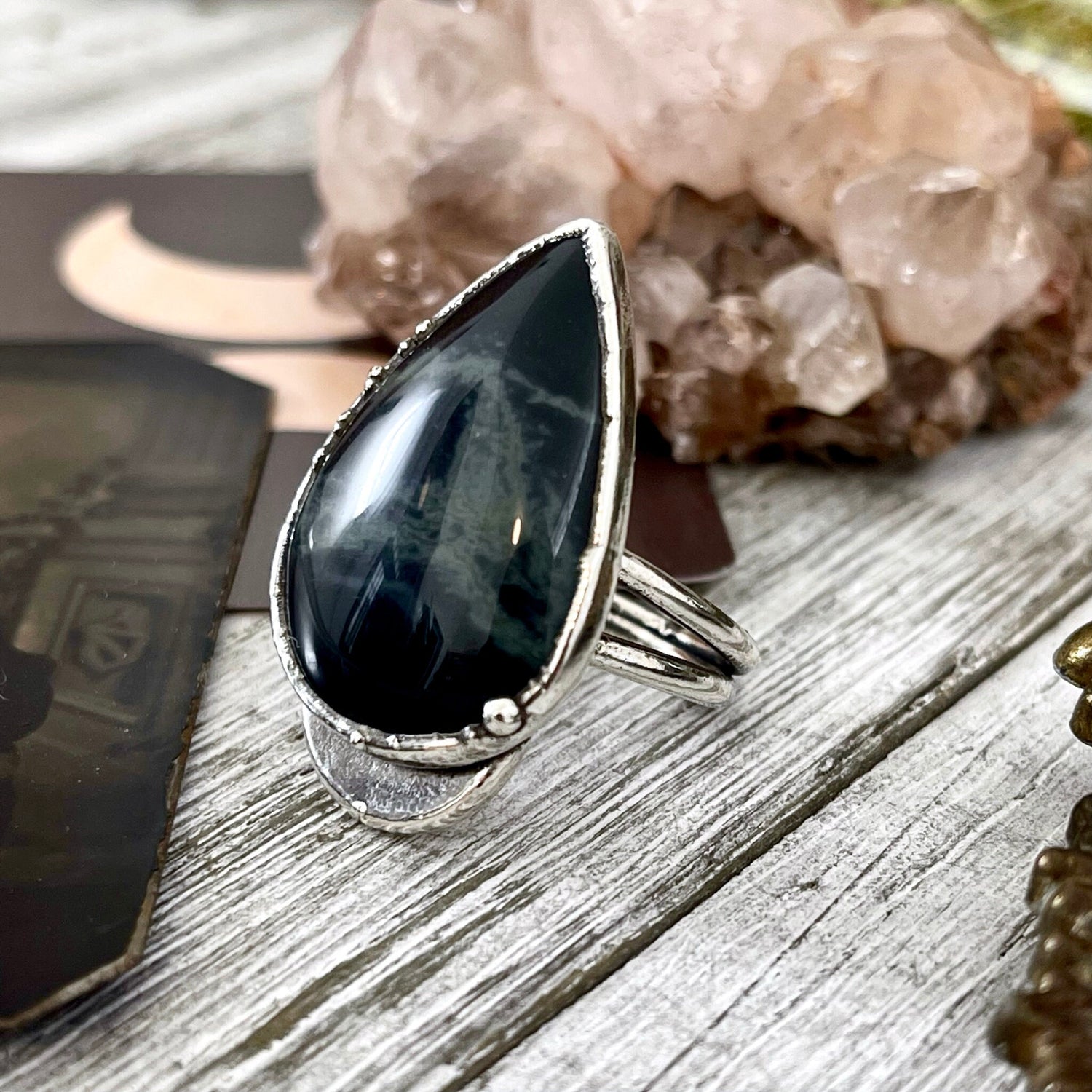 Size 8 Silver Spiderweb Obsidian Ring Large Crystal Ring / Foxlark Collection - One of a Kind / Big Crystal Ring Witchy Jewelry