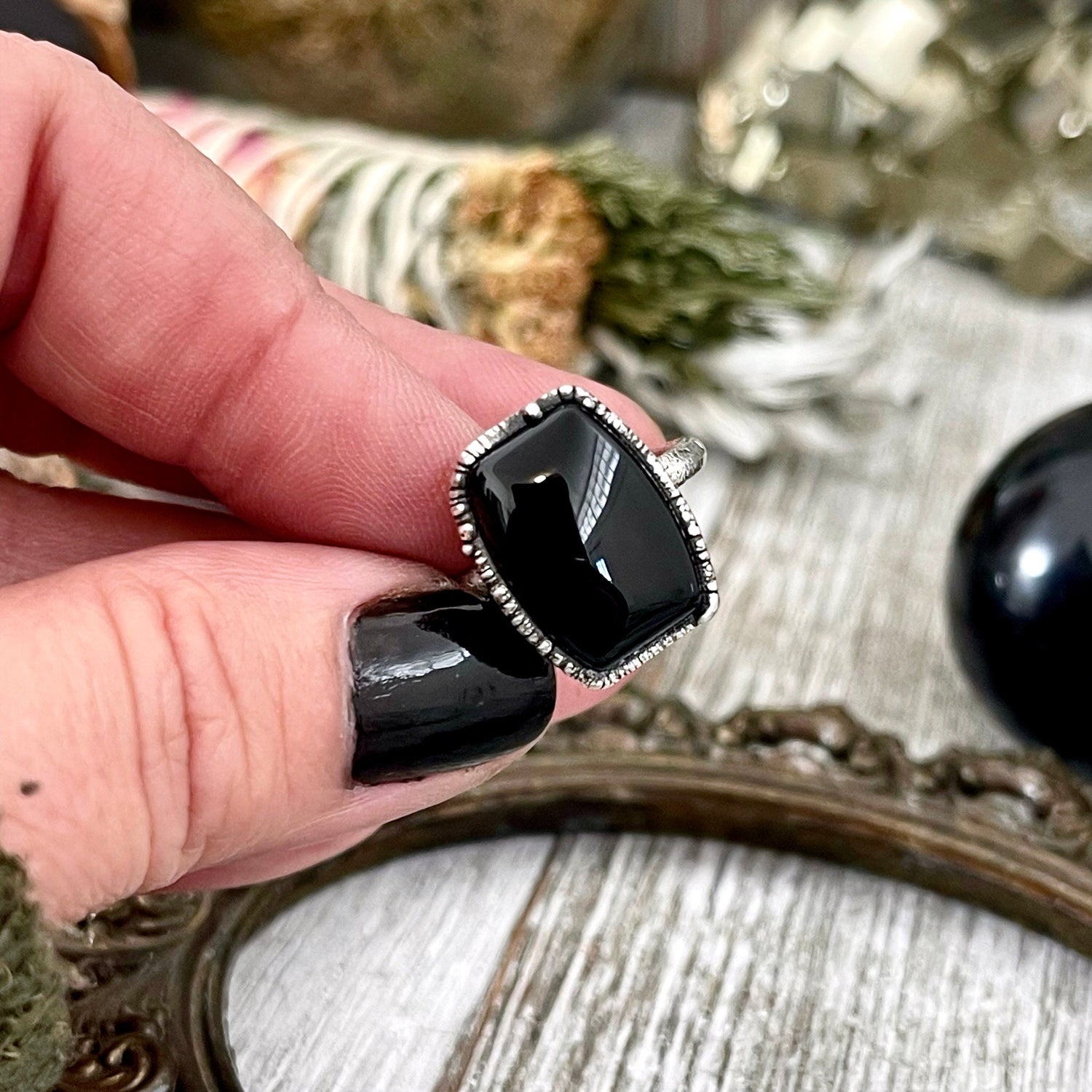 Size 7 or 9 Natural Black Stone Agate Ring in Fine Silver/ Foxlark Collection - One of a Kind / Big Crystal Ring Witchy Jewelry