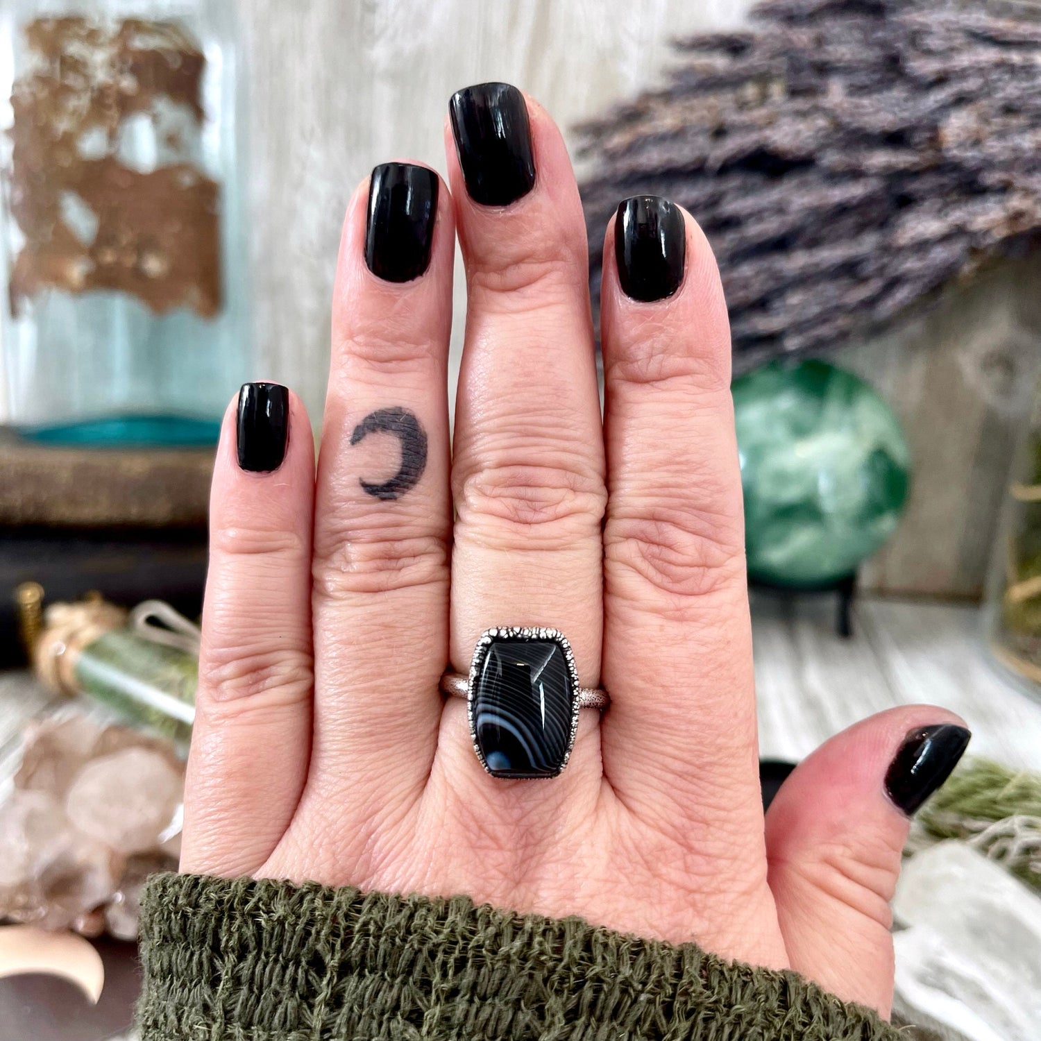 Size 7 or 9 Natural Black Stone Agate Ring in Fine Silver/ Foxlark Collection - One of a Kind / Big Crystal Ring Witchy Jewelry
