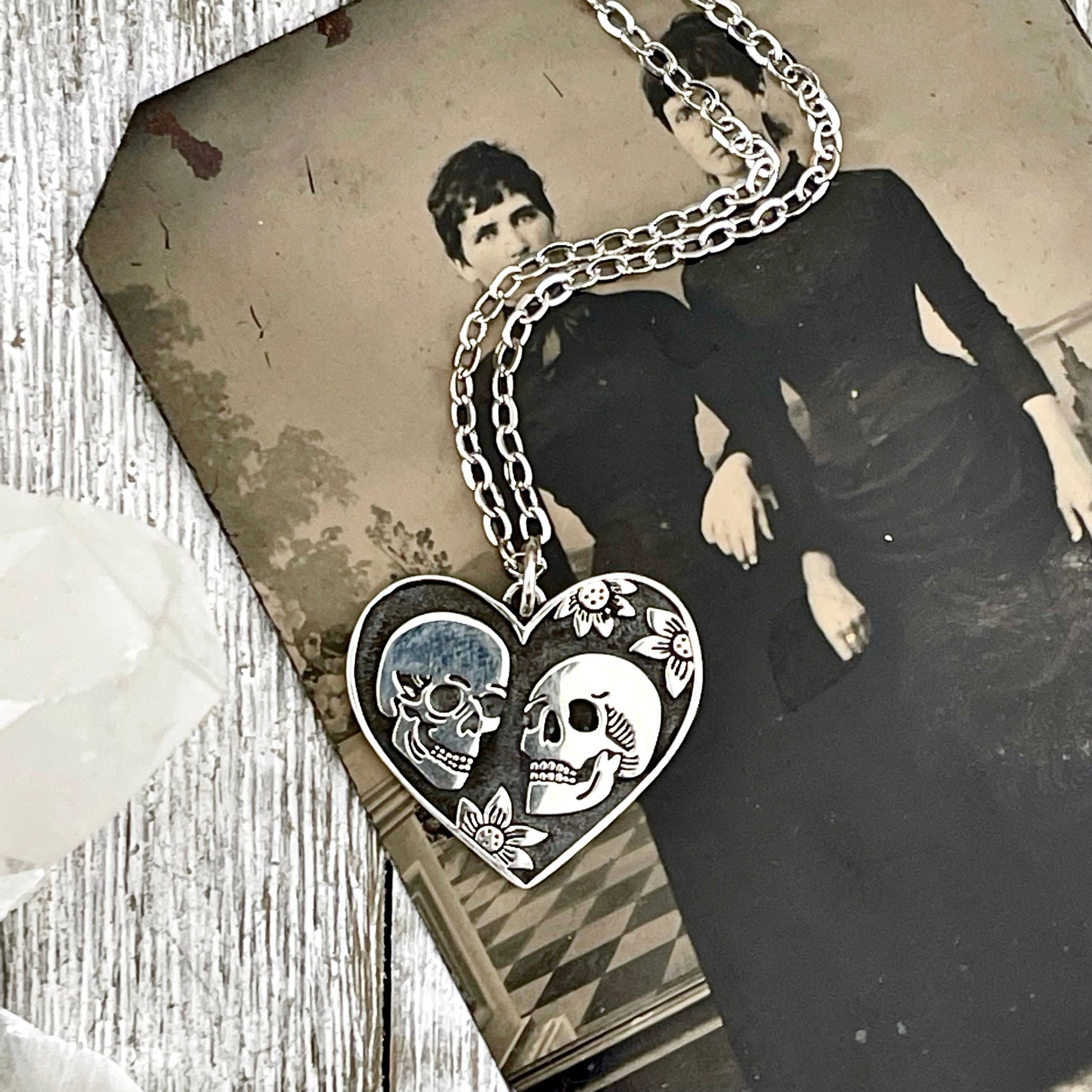 Tiny Talisman Collection - Sterling Silver The Lovers Skull & Heart Necklace Charm 24x22mm / - Foxlark Crystal Jewelry